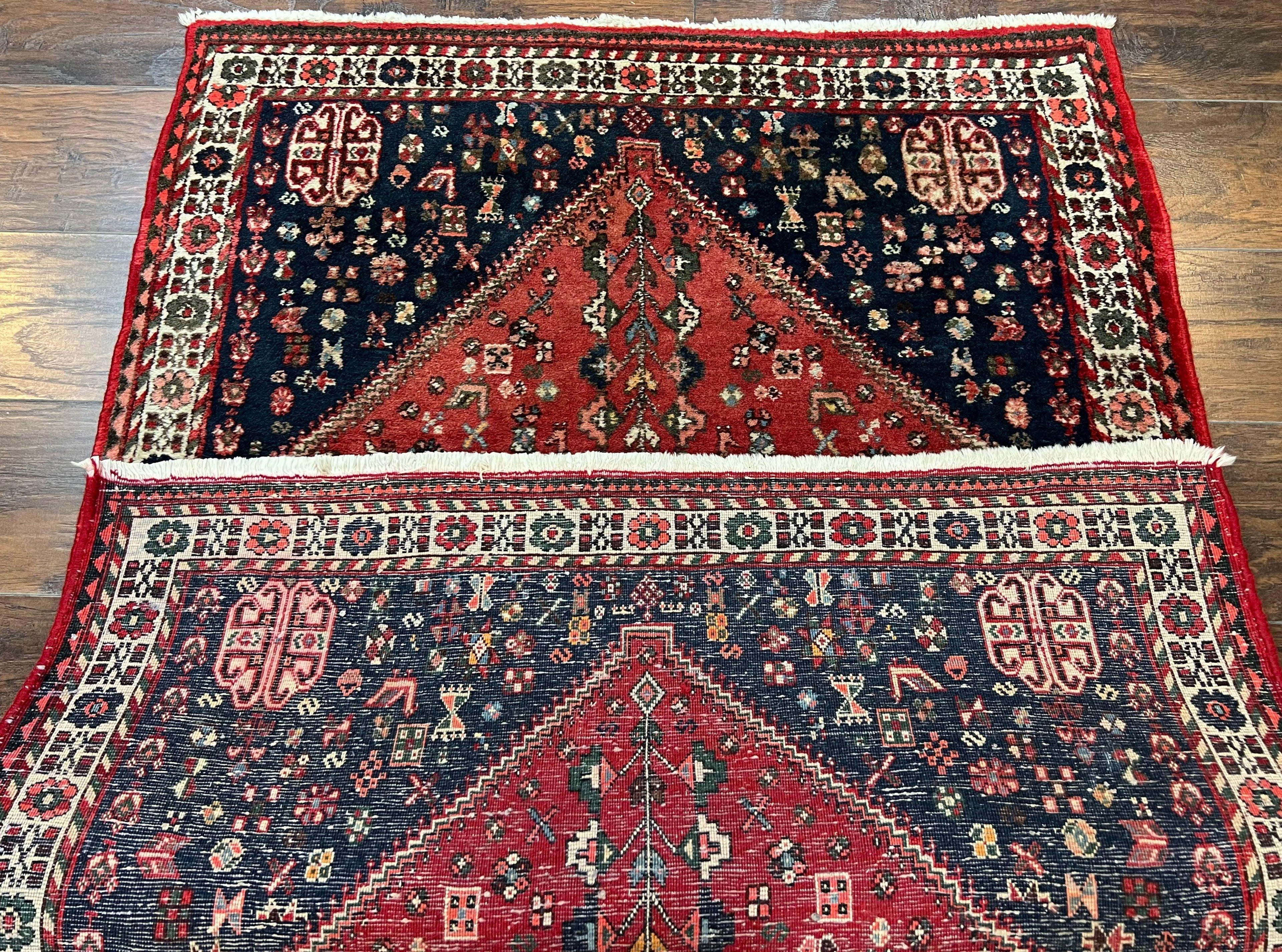 Persian Tribal Rug 3.6 x 5 ft, Persian Abadeh Rug, Geometric Medallion Bird Motifs, Red and Navy Blue Hand Knotted Handmade Wool Vintage Oriental Carpet