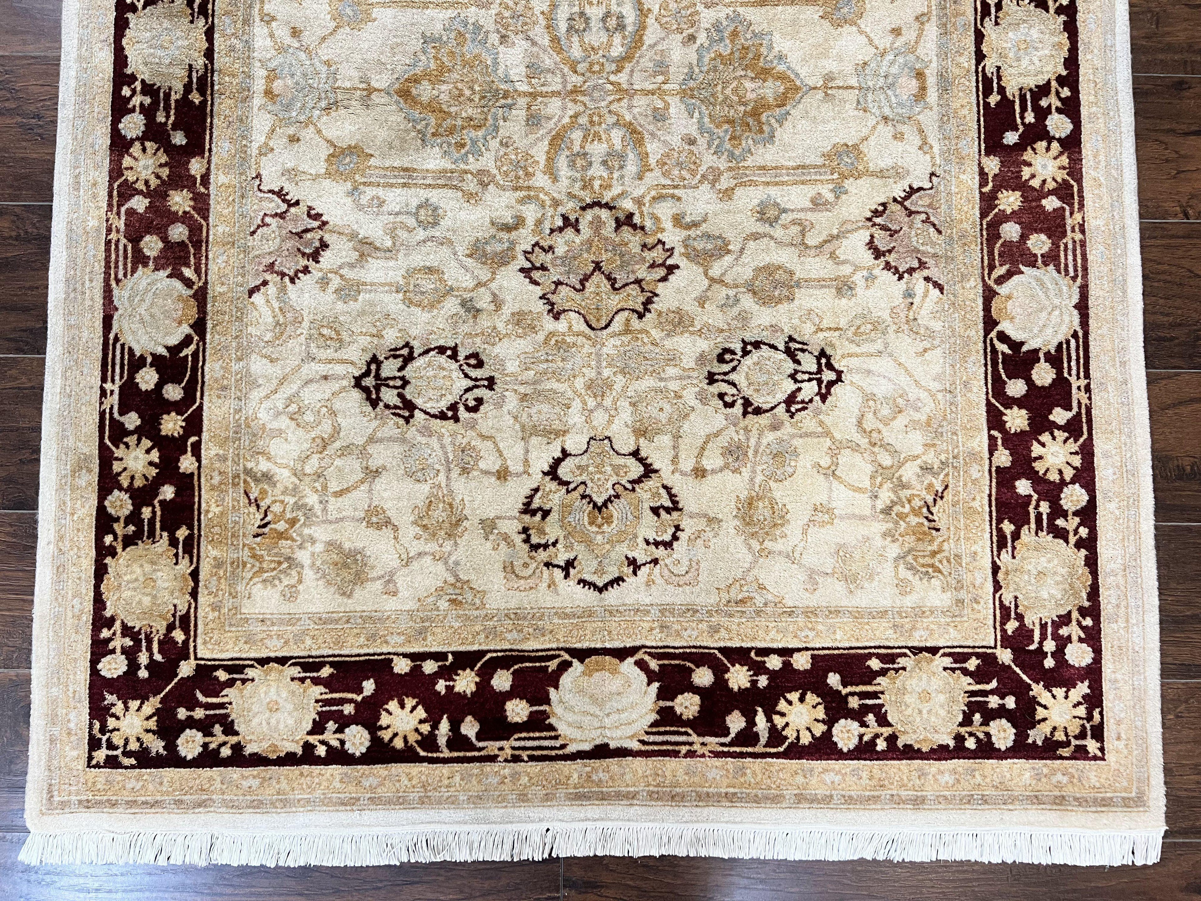 Peshawar Rug 5x7, Beige and Maroon, Vintage Handmade Wool Traditional Carpet 5 x 7 ft, Pakistani Rug, Agra Pattern, Very Fine 260 KPSI