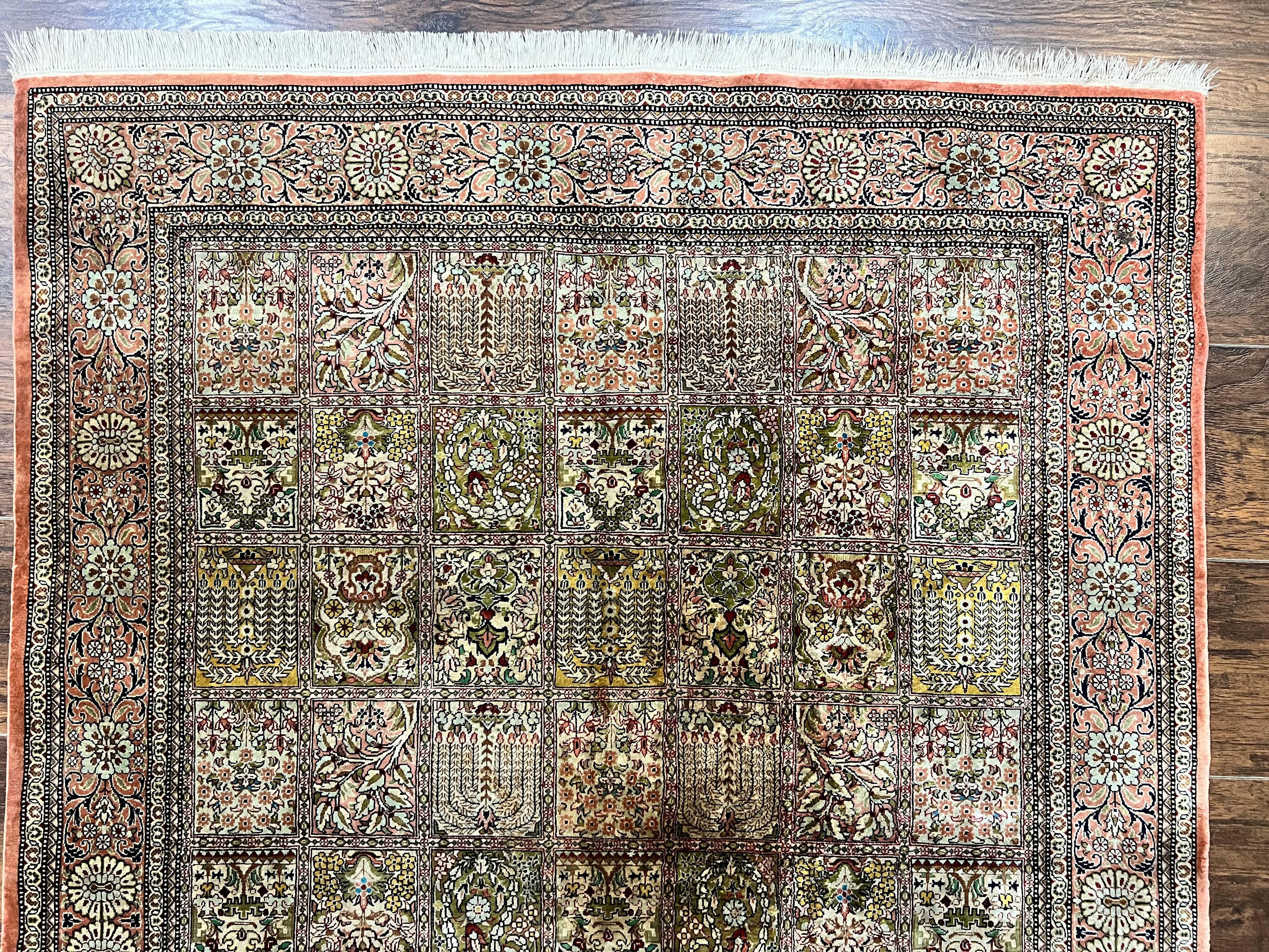 Magnificent Persian Silk Rug 3.7 x 5, Persian Qum Rug, Panel Design, Kheshti Garden, Extremely Fine 650 KPSI - 70 Raj, Hand Knotted, Vintage, Multicolor