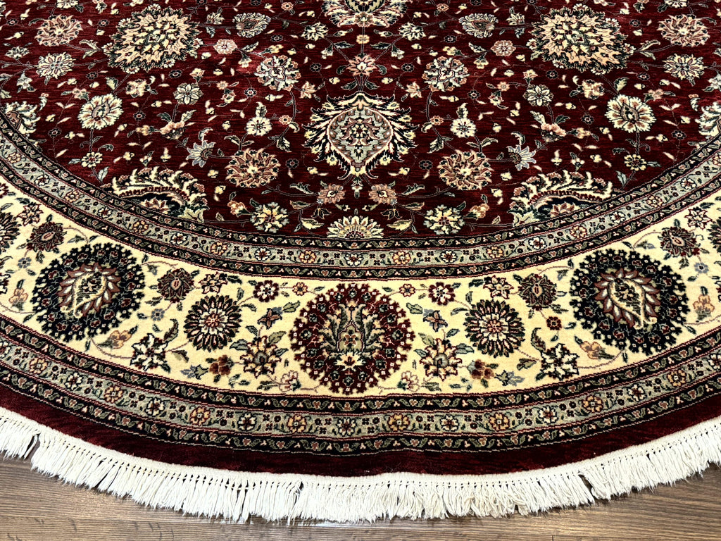 Round Sino Persian Rug 9x9, Burgundy and Cream, Floral, Wool and Silk, 9ft Round Carpet