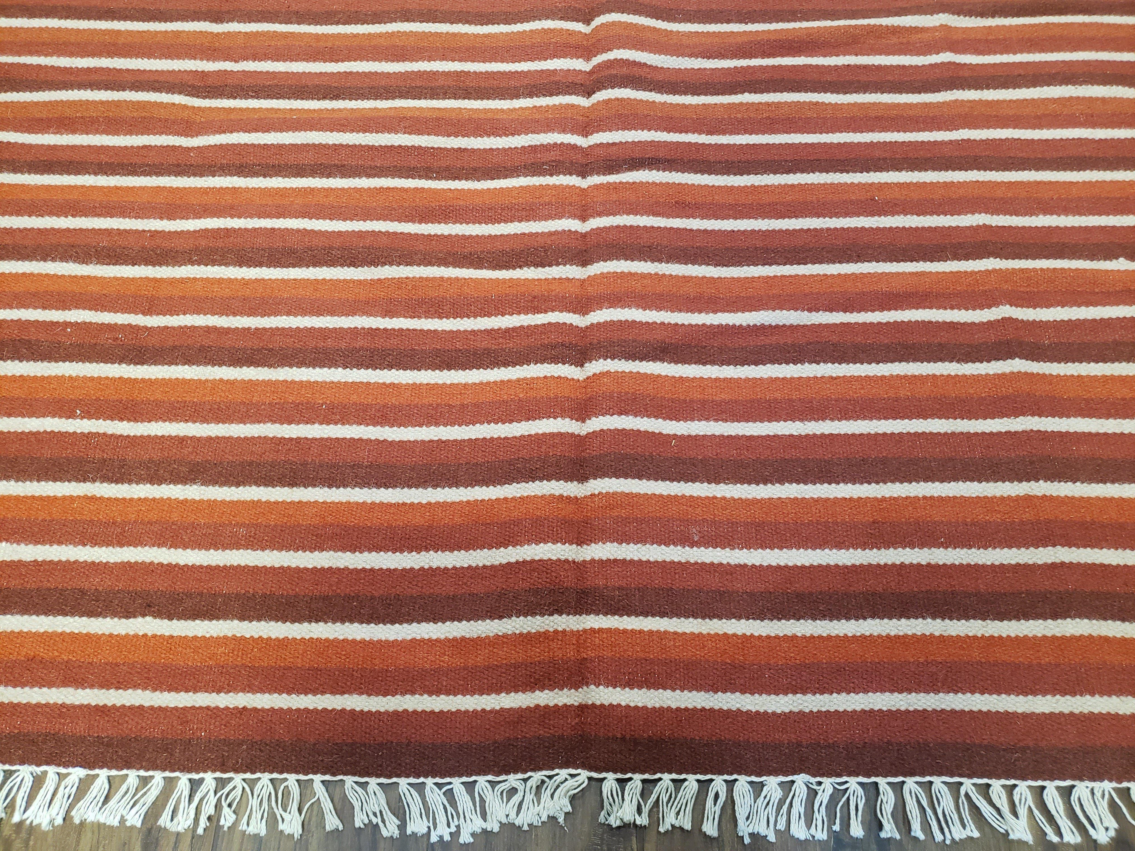 Large Striped Woolen Handmade Throw Blanket, Twin Size Bedding Hand-Woven, Indian Kilim Area Rug, 6x8 - 7x8, South American Style Textile