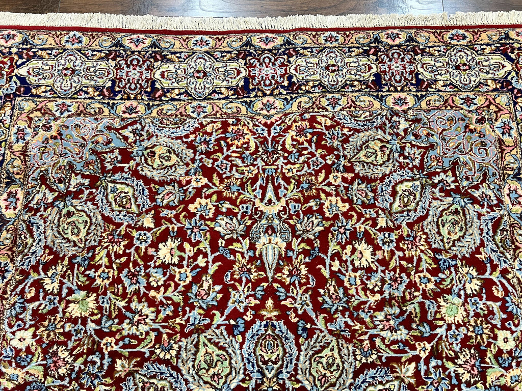 Persian Kirman Rug 7x10, Hand Knotted Wool Floral Medallion Carpet, Dark Red