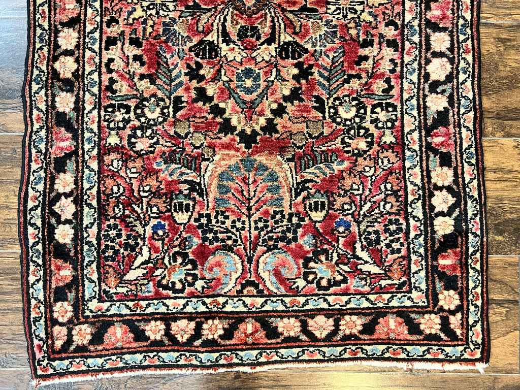 Small Antique Persian Rug 2.6 x 4, Red Floral Handmade 1920s Wool Rug, Persian Hamadan Lilian Rug