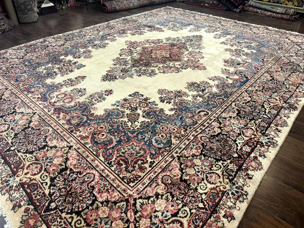 Persian Sarouk Rug 9x12, Ivory & Blue, Semi Open Field