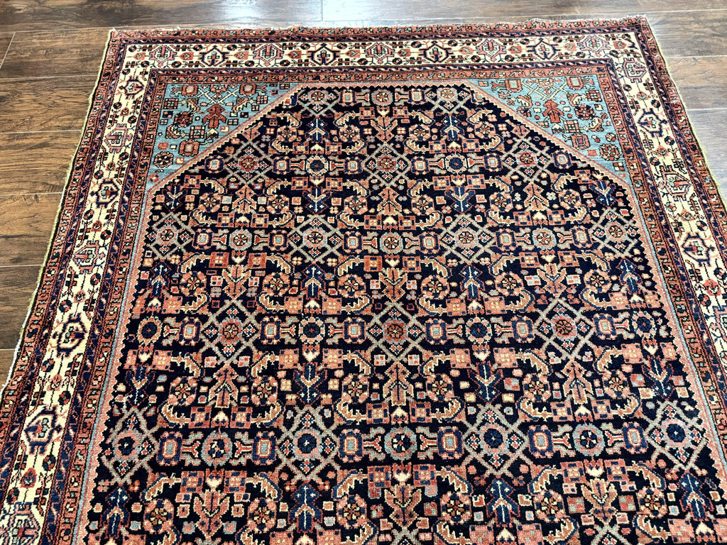 Antique Persian Rug 5 x 6.7, Navy Blue & Ivory, Handmade Persian Wool Carpet, Hamadan Angelas Rug
