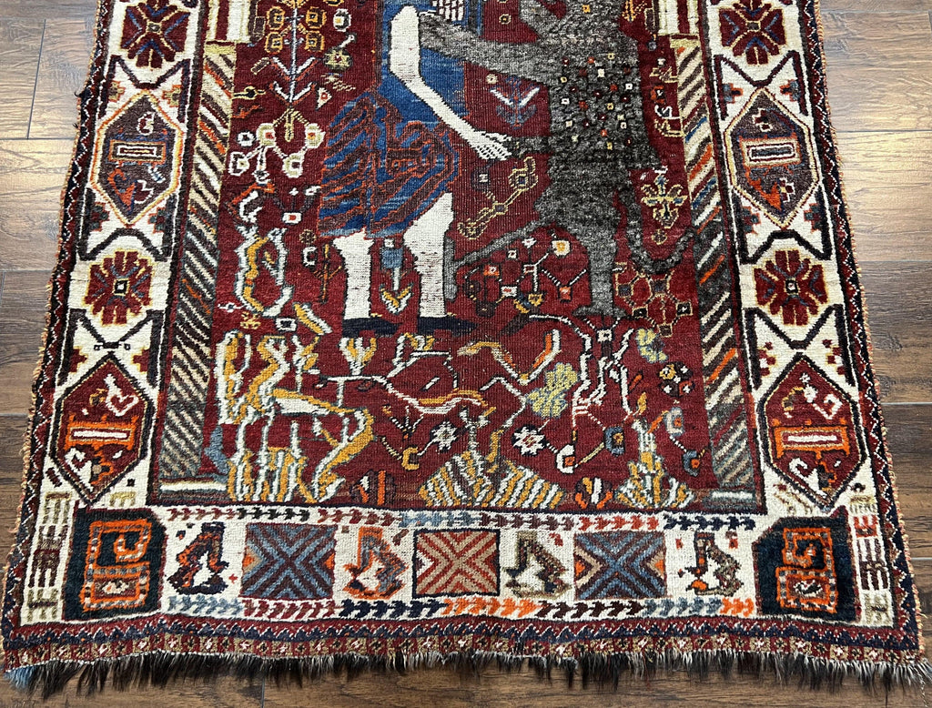 Antique Persian Shiraz Pictorial Rug 3.6 x 5, Persian Tribal Rug, Handmade, Lions, Highly Unique Collectible Small Persian Carpet, Maroon, Wool