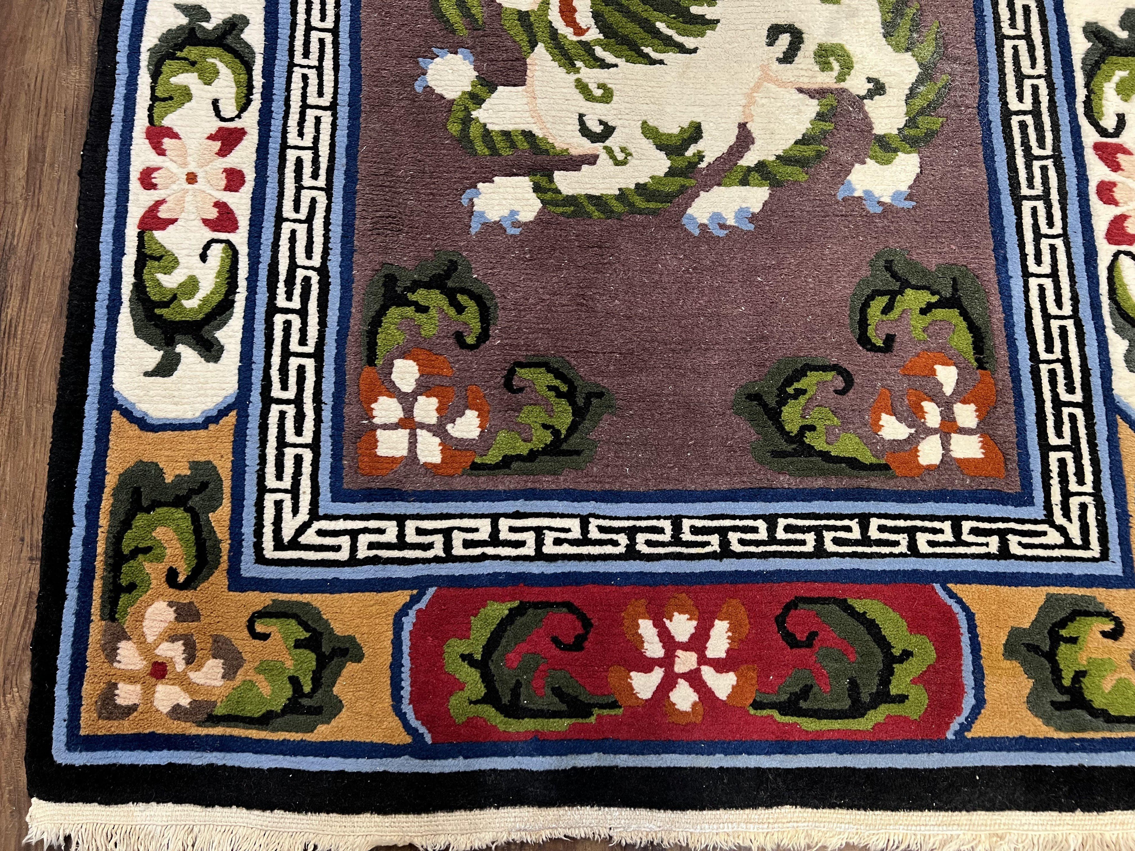 Chinese Art Deco Rug 3 x 5.5 with Animal Pictorials, Vintage Chinese Peking Wool Area Rug, Dark Puce Maroon Ivory, Hand Knotted Soft Carpet