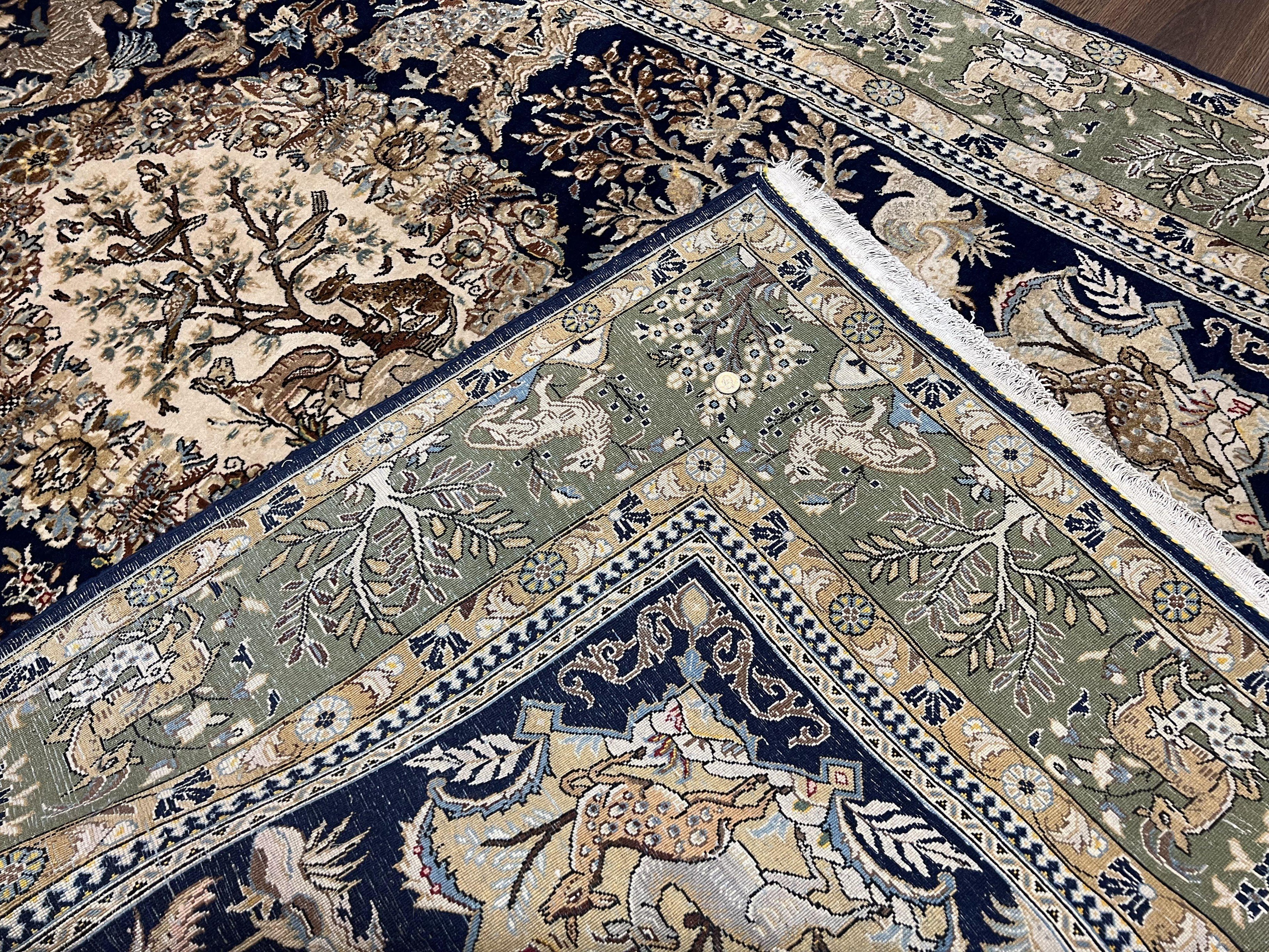 Wonderful Persian Qum Rug 6x9, Animal Pictorials, Tree of Life, Deer Birds, Hand Knotted Oriental Ghom Carpet, Semi Antique Vintage, Navy Blue Green