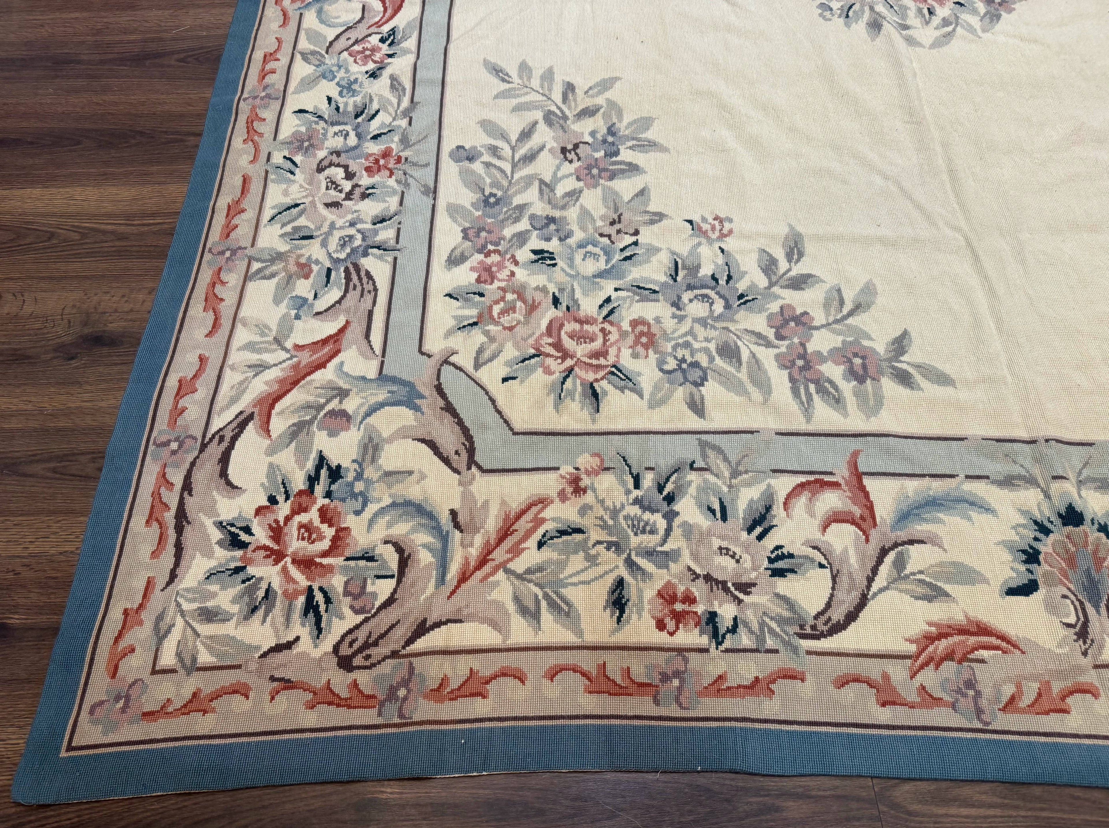Ivory Needlepoint Rug 8x10, Wool Handmade Carpet