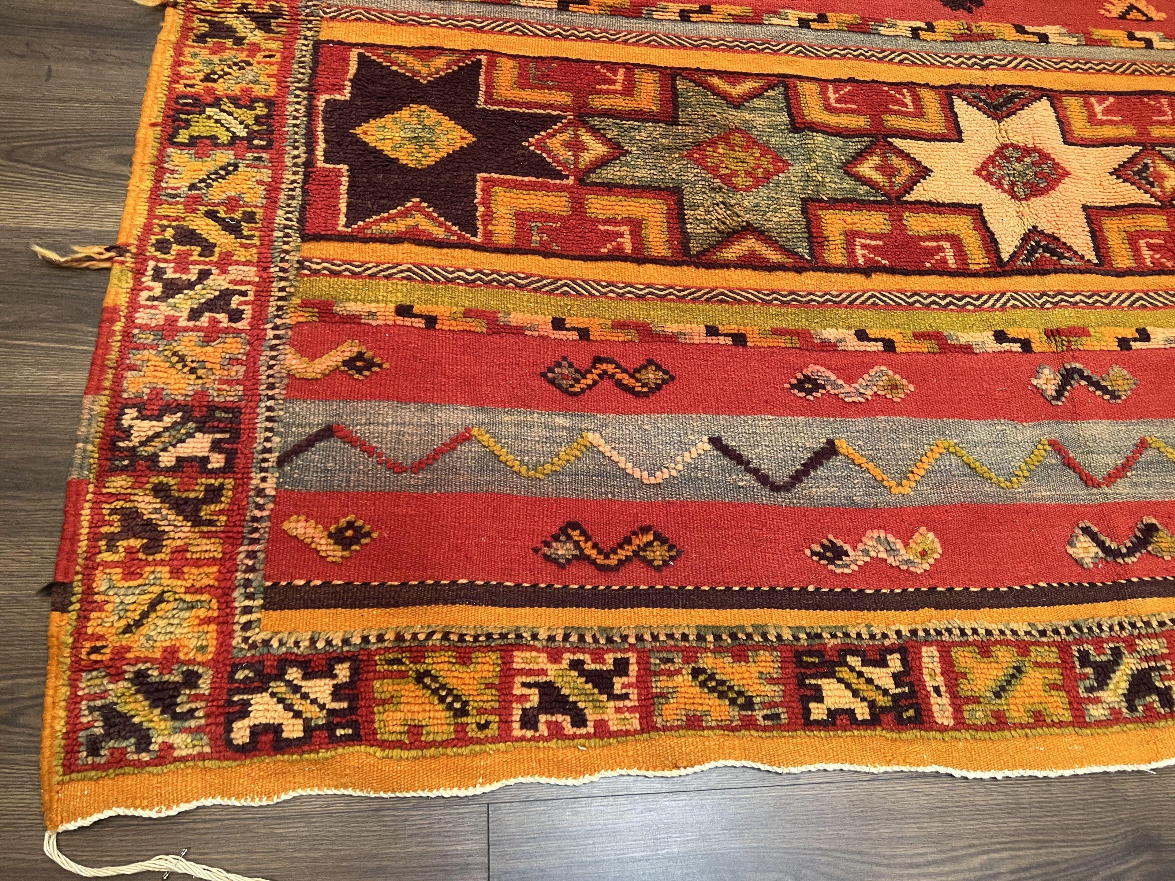 Unique Moroccan Rug 7x10, Room Sized Carpet, Red Orange Gray, Wool Oriental Striped Geometric Tribal Boho Rug, Flatweave with Raised Pile