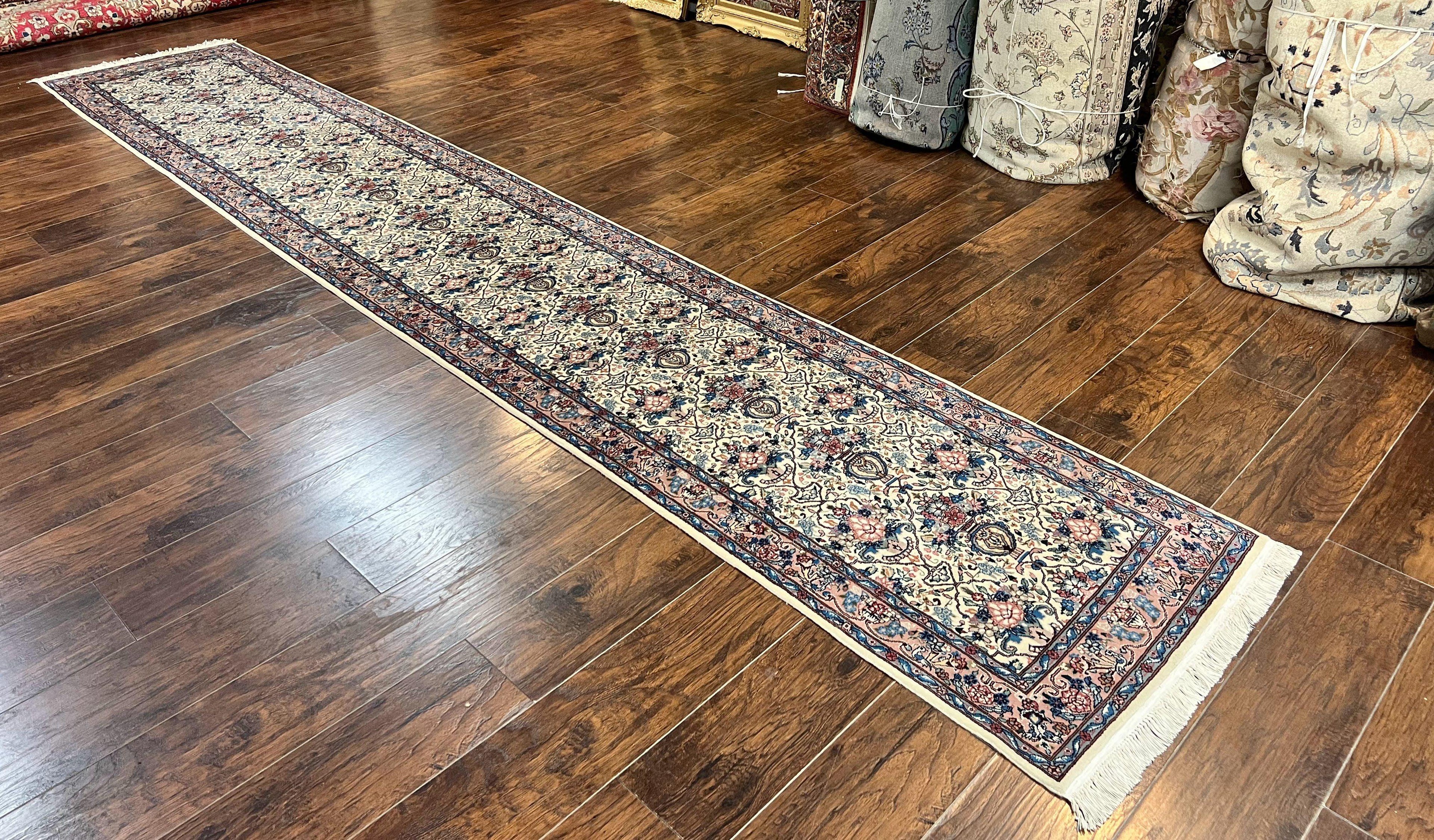 Sino Persian Runner Rug 2.8 x 14, Hand Knotted Vintage Oriental Hallway Rug, 14ft Runner, Cream, Floral, Wool