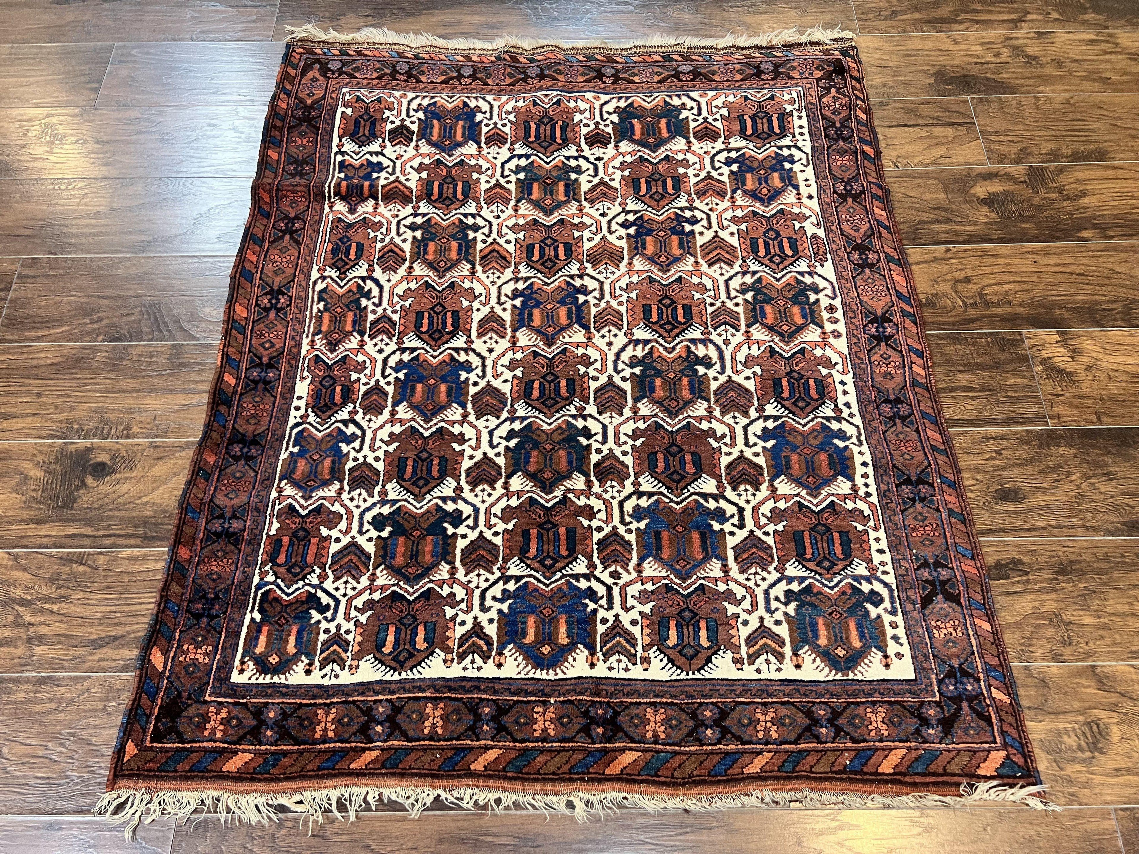 Persian Afshar Rug 4x5, Repeated Motif, Ivory & Burgundy, Wool Tribal Oriental Carpet, Handmade Vintage Semi Antique Medium Sized Rug