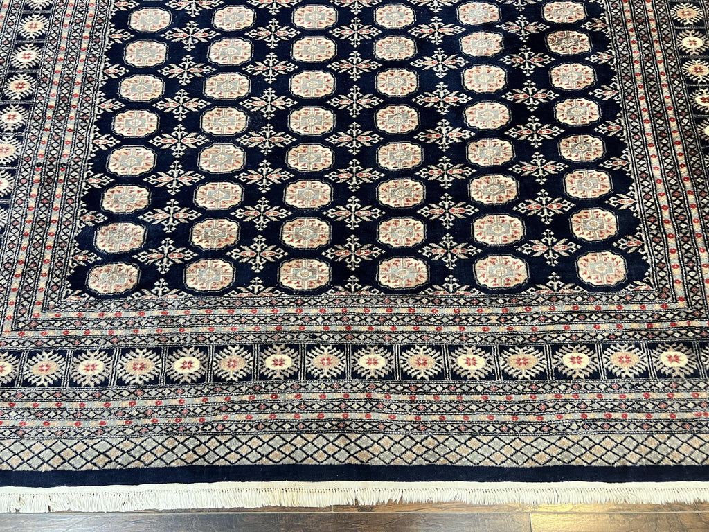 Pakistani Bokhara Rug 8x10, Turkoman Carpet, Dark Blue and Beige, Vintage Handmade Wool Carpet