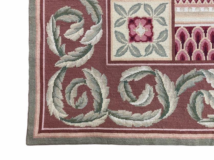 Aubusson Needlepoint Rug 9x12, Flatweave Carpet, Leaves, Wool, New, Handmade