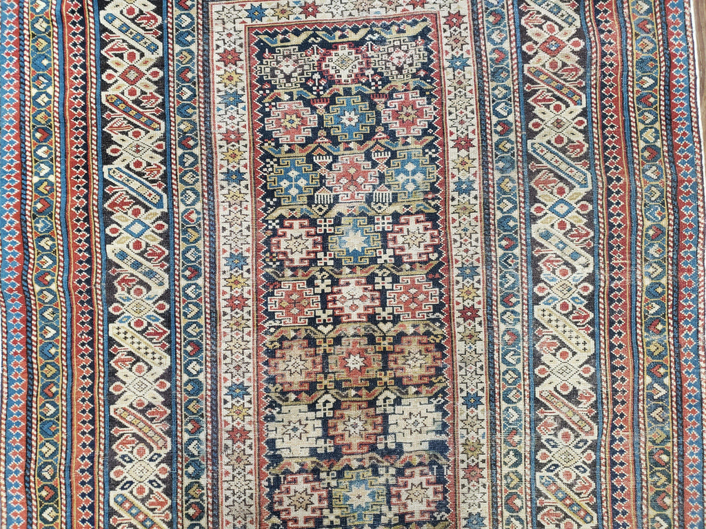 Caucasian Rug 3'9" x 5'7", Antique 1920s Collectible Caucasian Chi Chi Carpet, Hand Knotted, Colorful, Dark Blue Cream Red, Wool, Small Rug