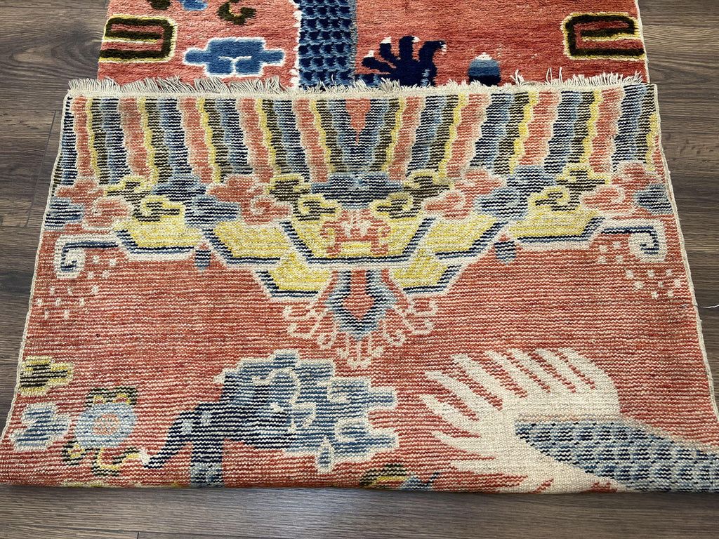 Rare Chinese Ningxia Pillar Rug 3x8, Late Qing Dynasty, 5 Clawed Dragon, Cloud Rainbow Border, Collectible Antique Carpet, Wool Hand Knotted