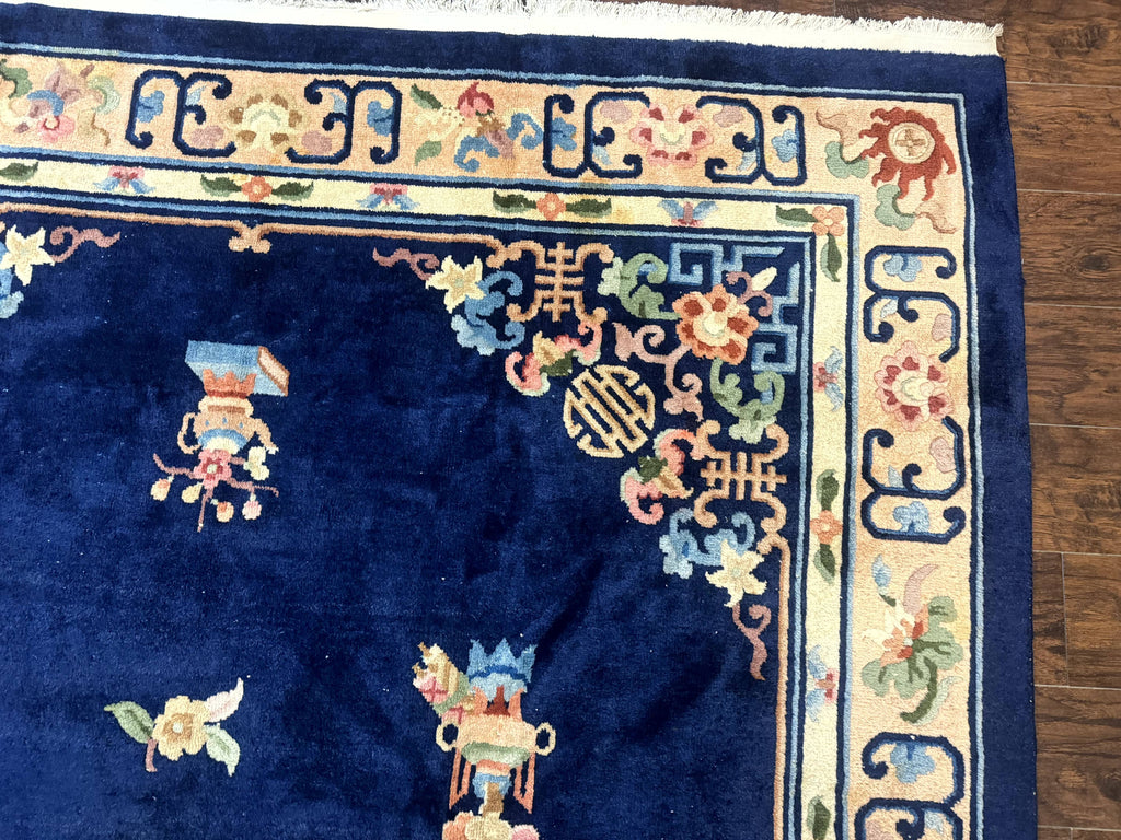 Chinese Wool Rug 8x11, Navy Blue and Beige, Simple Design, Fete Carpet
