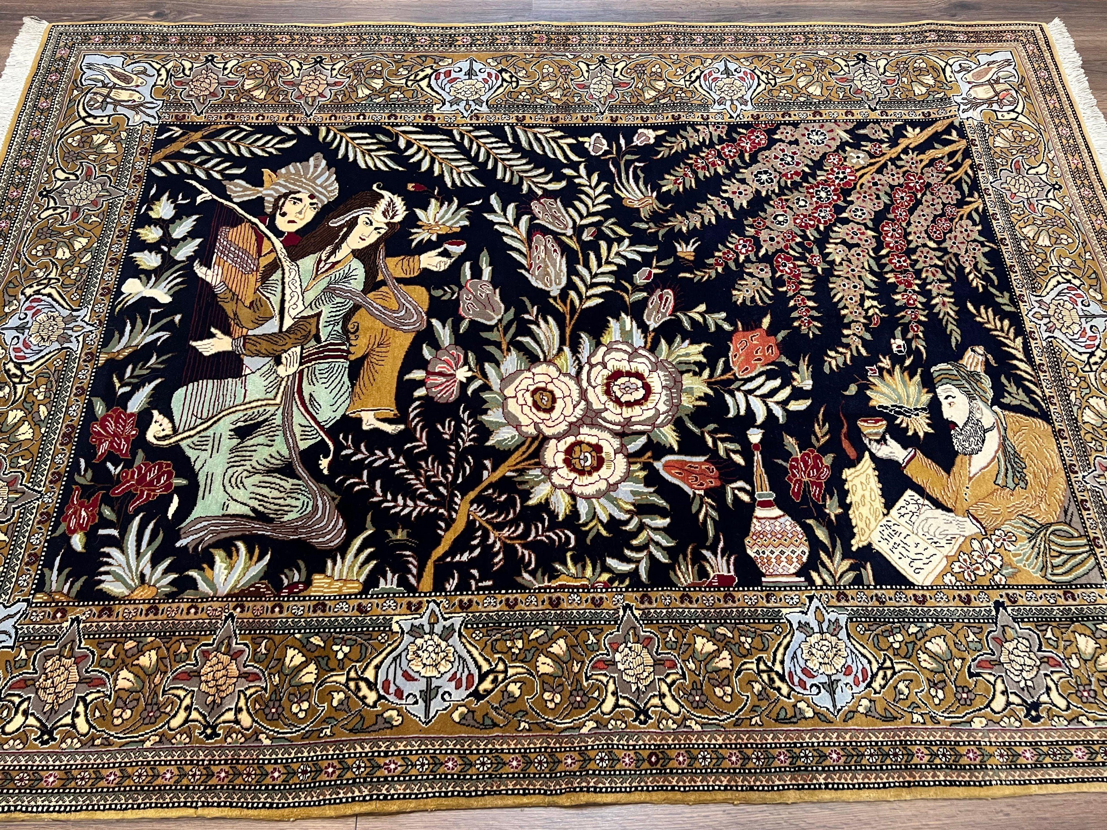 Persian Qum Pictorial Rug 4.8 x 6.5 - Layla & Majnun, Birds