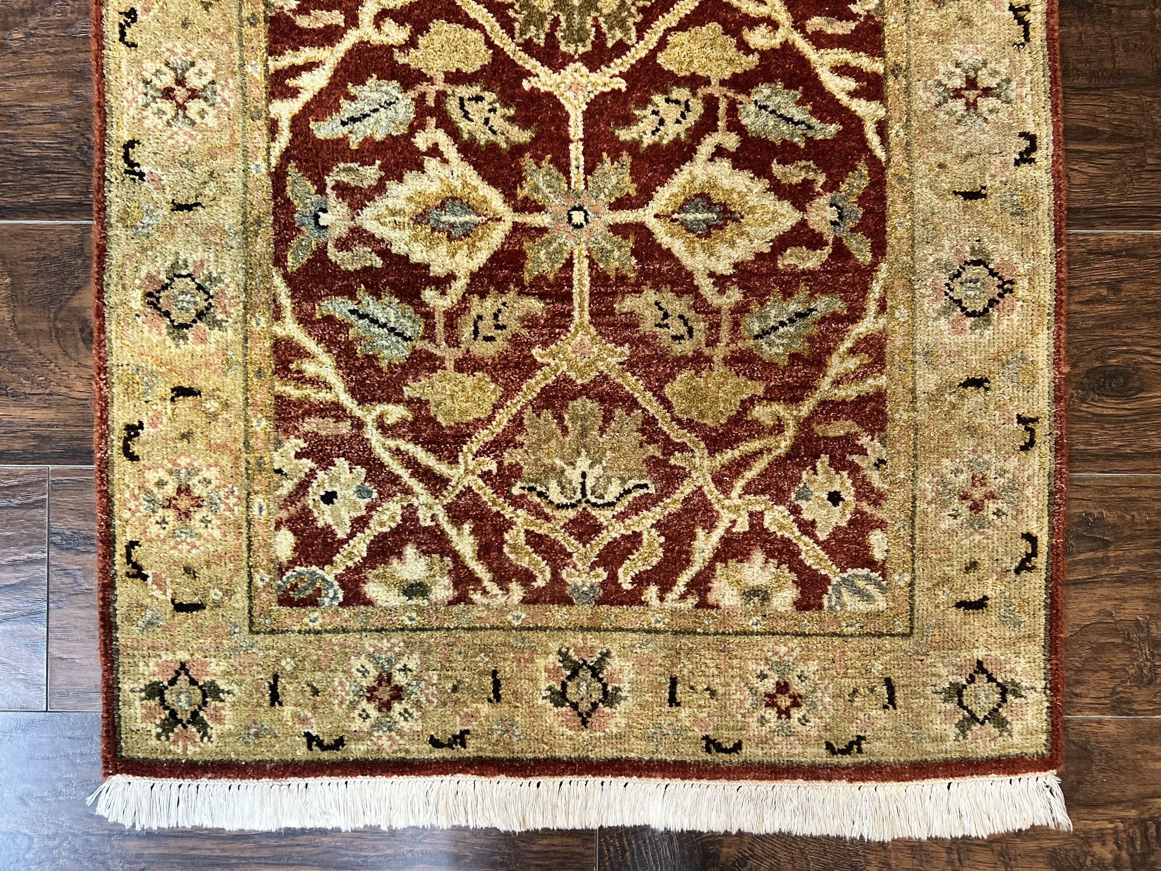 Pakistani Chobi Runner Rug 2.6 x 8, Pak Persian Oriental Rug for Hallway, Maroon Tan-Gold, Handmade Wool 8ft Runner for Hallway, Vintage Rug