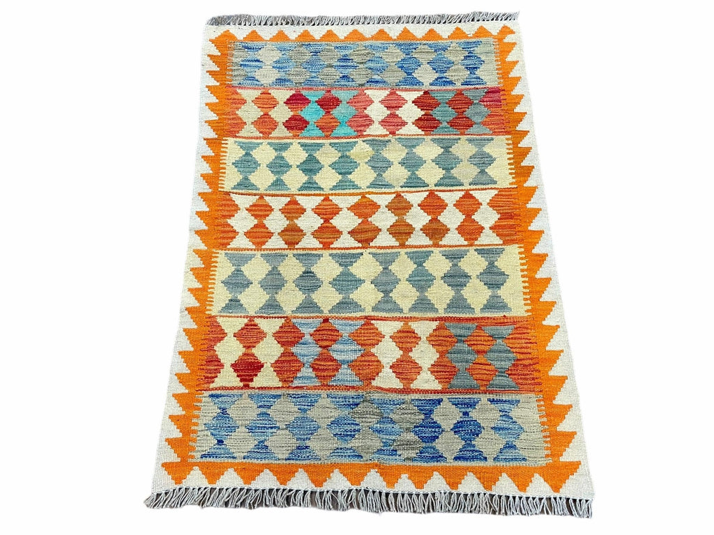 Small Chobi Kilim Rug 3x4 Colorful Diamond Kilim Small Turkish Multicolor Kilim with Diamond Pattern Wool Flatweave Nice