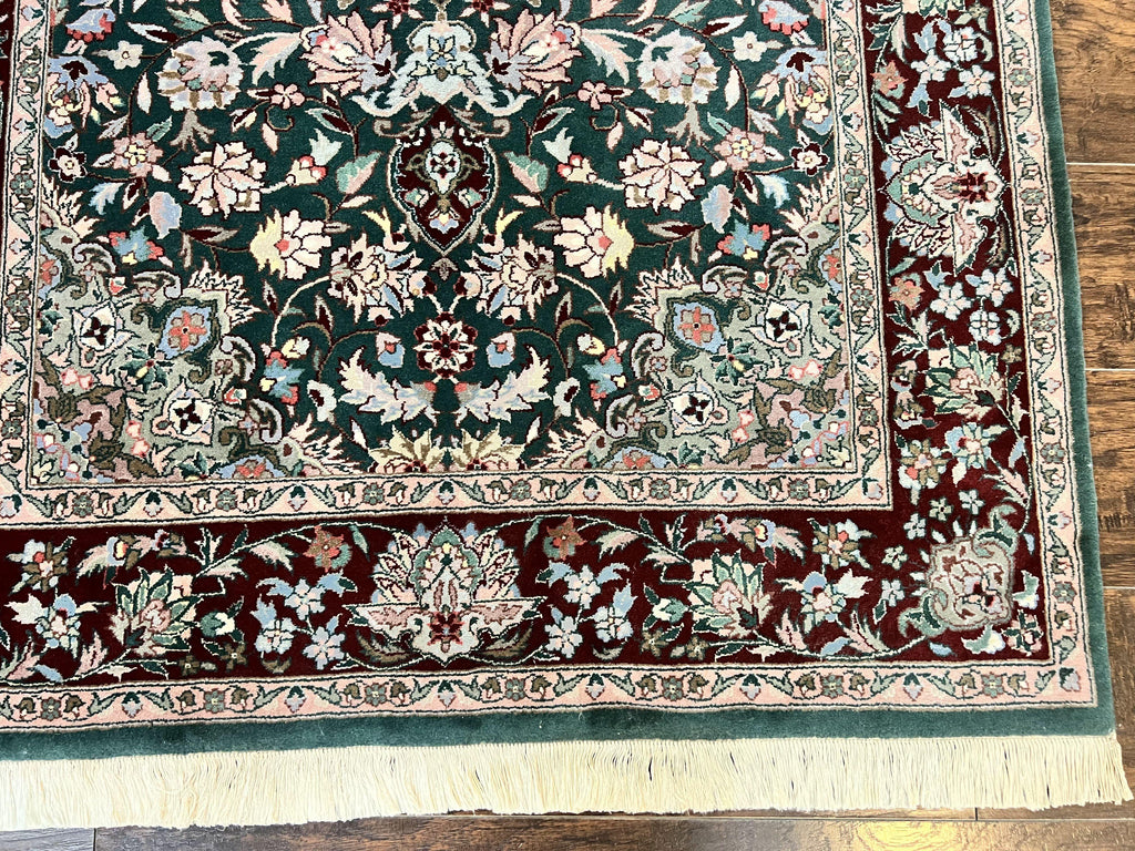 Pak Persian Rug 4x6, Wool Hand Knotted Vintage Carpet, Dark Green, Floral Medallion, Fine Oriental Rug