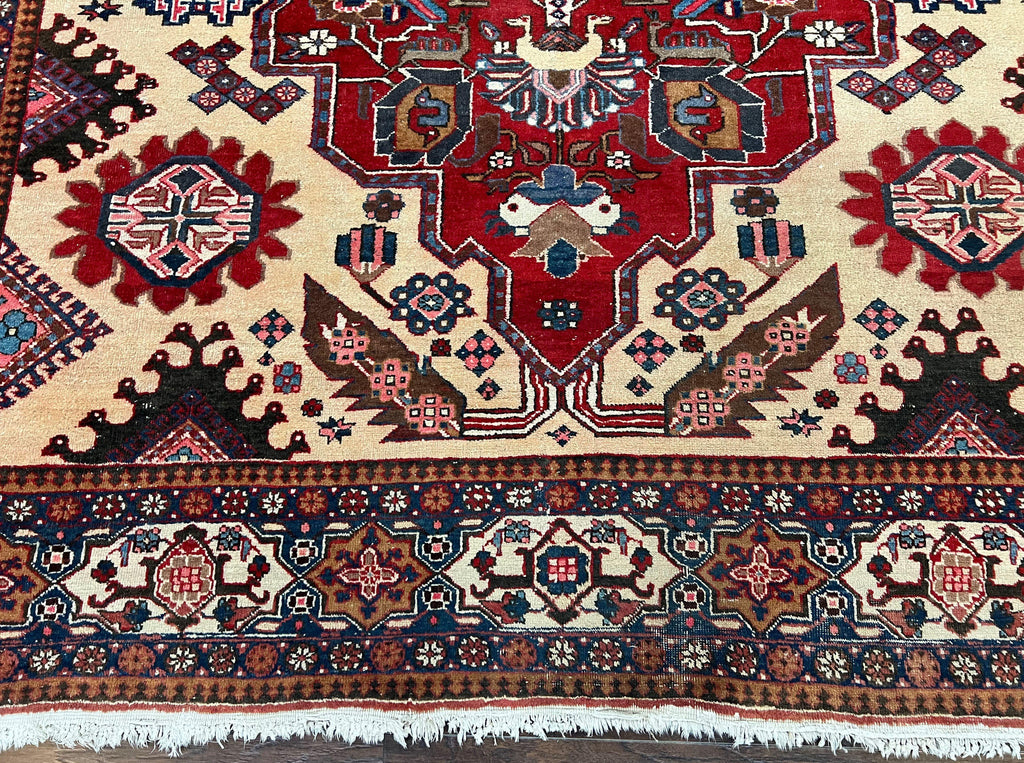 Antique Persian Heriz Rug 8x12 ft, Geometric Tribal Room Sized Carpet, Camel Hair Red Navy Blue, Wool Hand Knotted Medallion Oriental Carpet