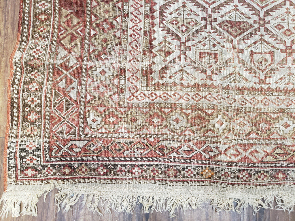 Antique Caucasian Shirvan Rug 4x6, Dagestan Area Rug, Wool Hand-Knotted Soft Red & Ivory 1920s Oriental Carpet, Soft Muted Colors