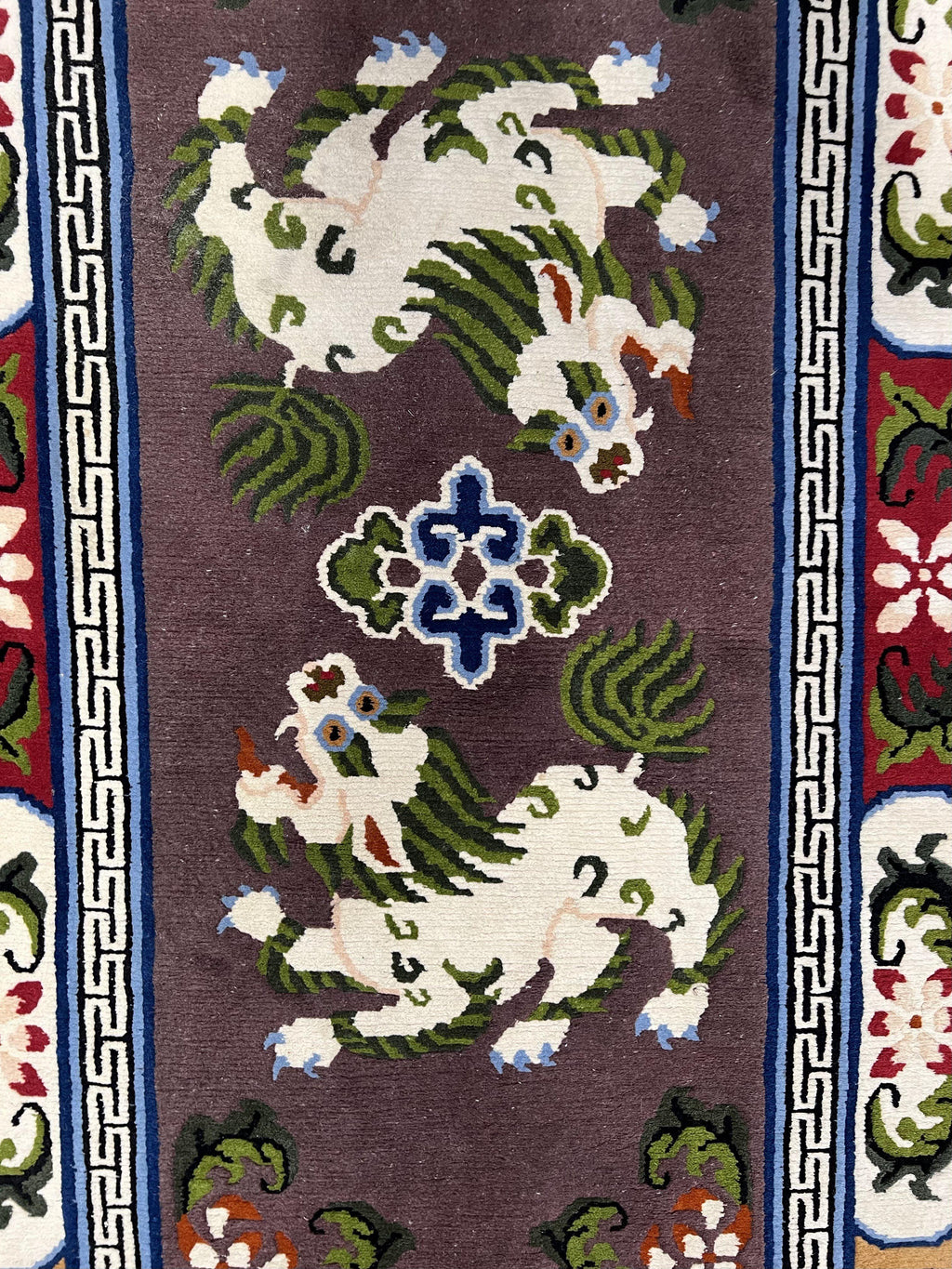 Chinese Art Deco Rug 3 x 5.5 with Animal Pictorials, Vintage Chinese Peking Wool Area Rug, Dark Puce Maroon Ivory, Hand Knotted Soft Carpet