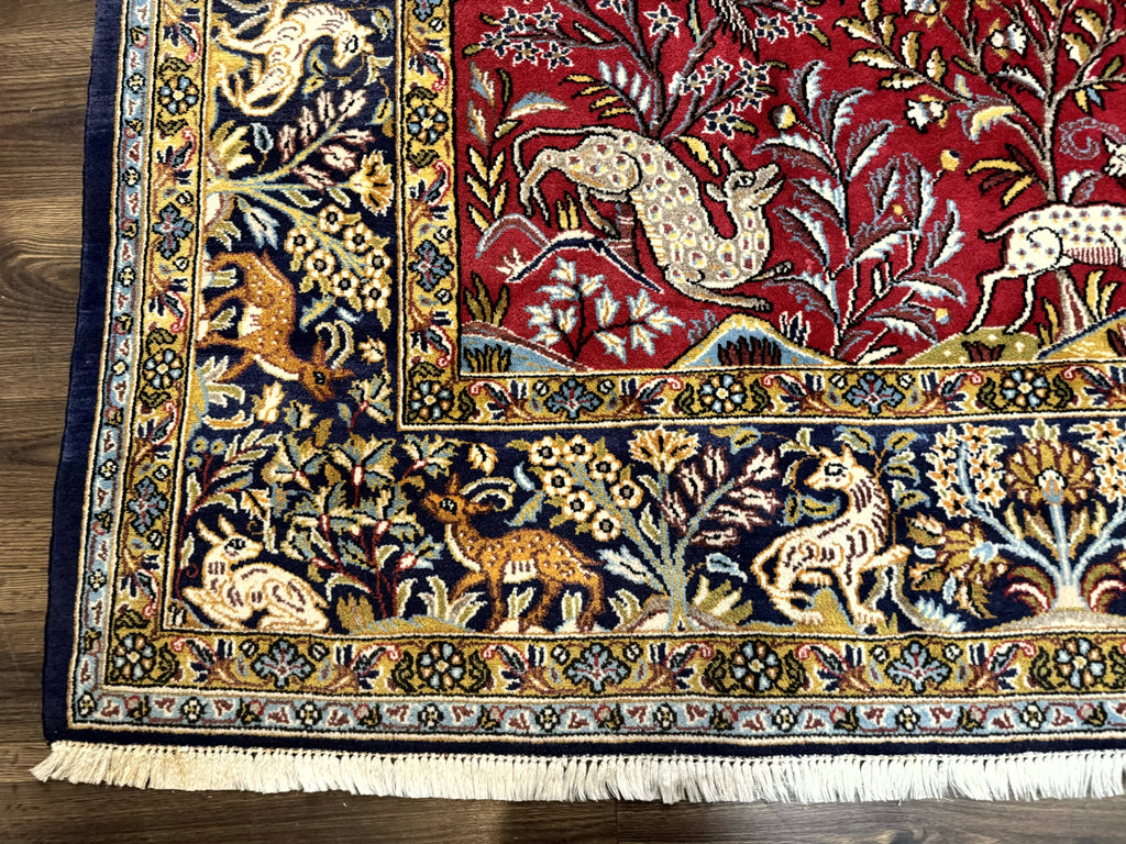 Persian Qum Rug 9x12, Animal Pictorials, Deer Birds, Tree of Life, Red and Navy Blue