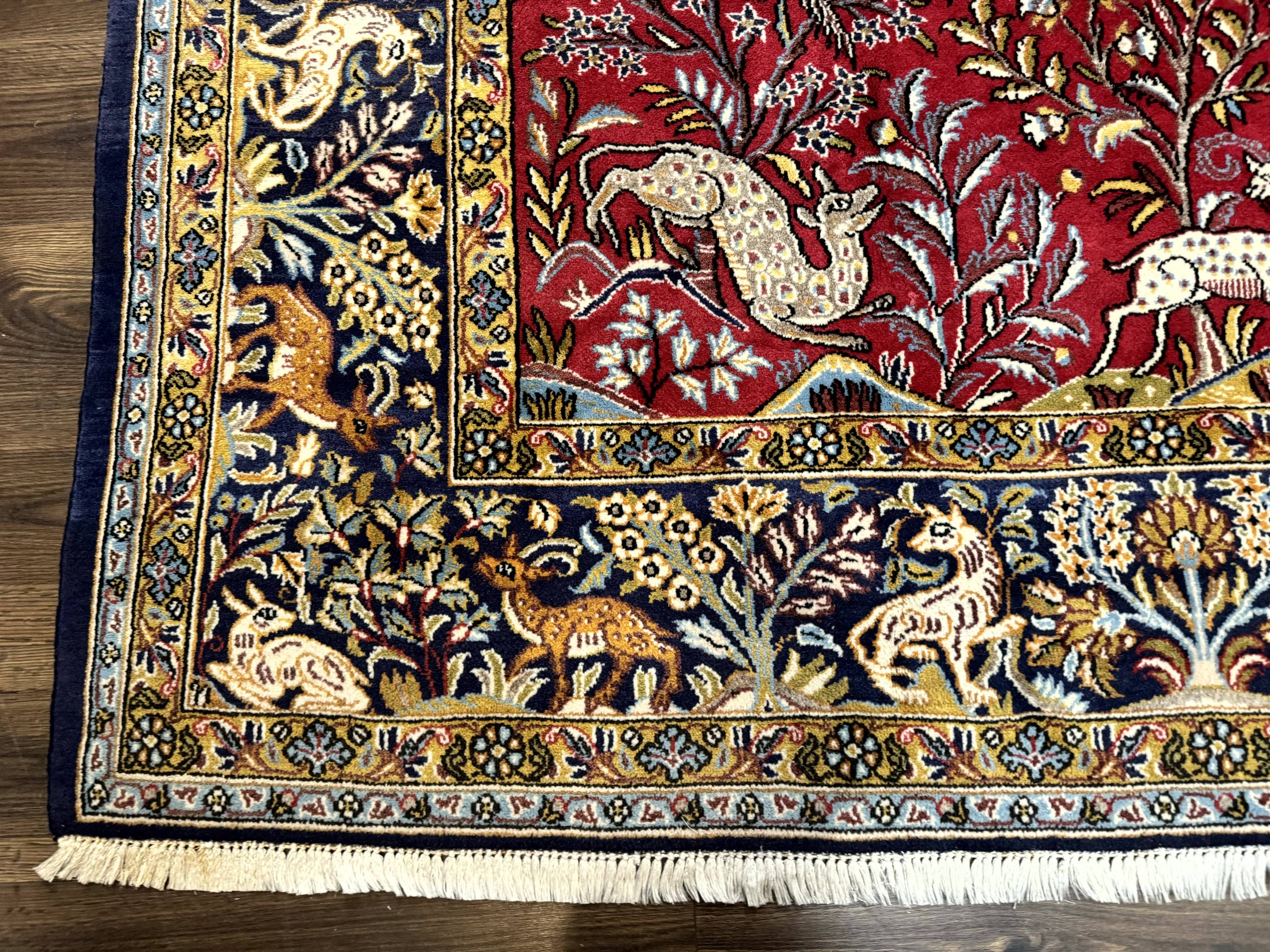 Persian Qum Rug 9x12, Animal Pictorials, Deer Birds, Tree of Life, Red and Navy Blue