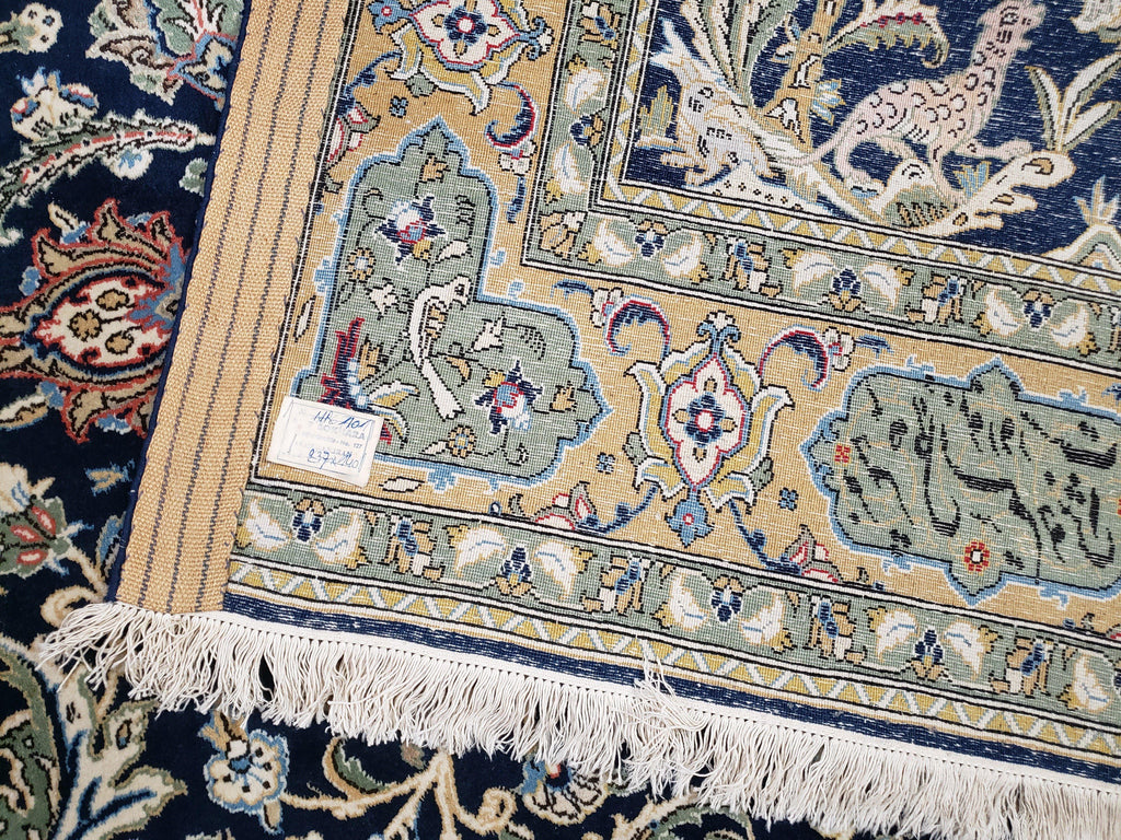 Semi Antique Persian Qum Tree of Life Rug, Hand-Knotted, Wool, Midnight Blue and Tan, Animal Pictorials, Written Poem in Borders, 4' 8" x 7' 8"