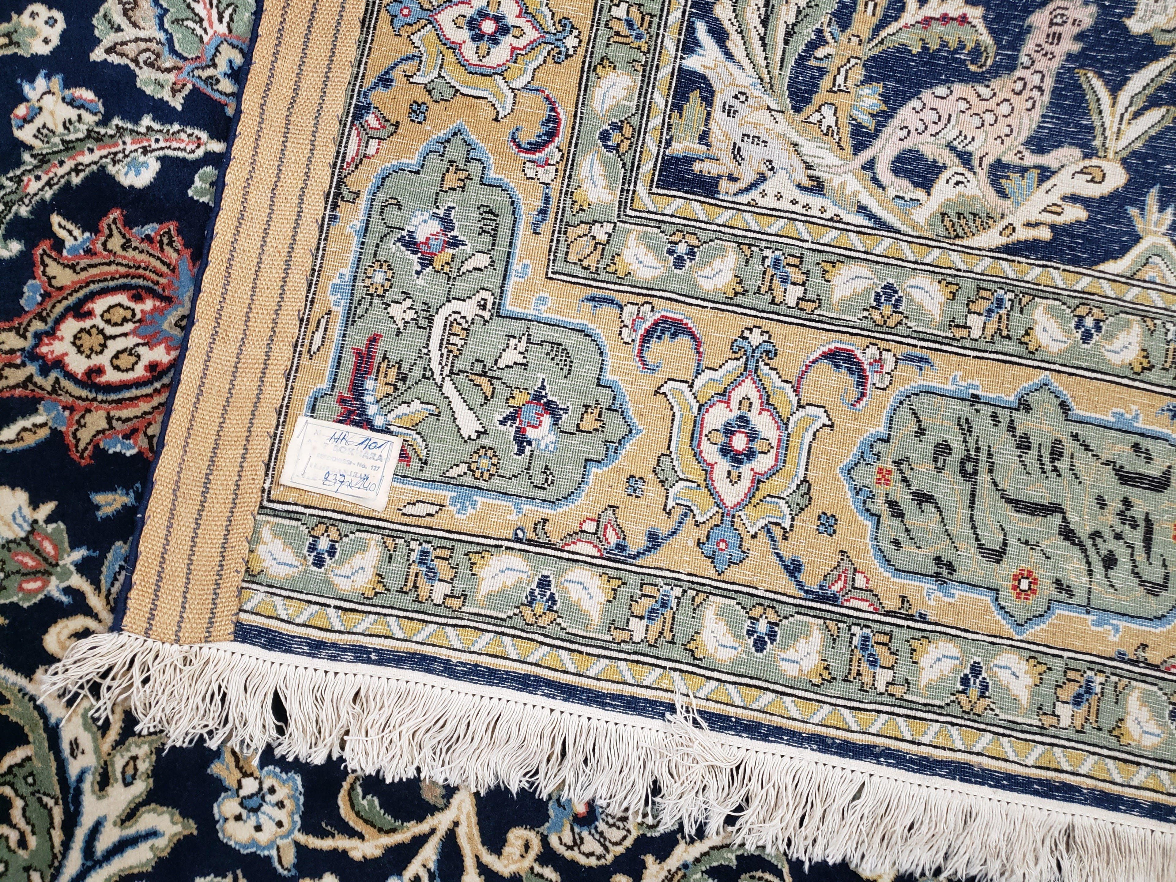 Semi Antique Persian Qum Tree of Life Rug, Hand-Knotted, Wool, Midnight Blue and Tan, Animal Pictorials, Written Poem in Borders, 4' 8" x 7' 8"