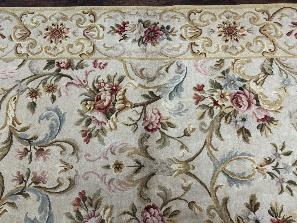 Aubusson Rug 8x10, French European Design, Vintage Handmade Wool Carpet, Aubusson Rug with Pile, Floral