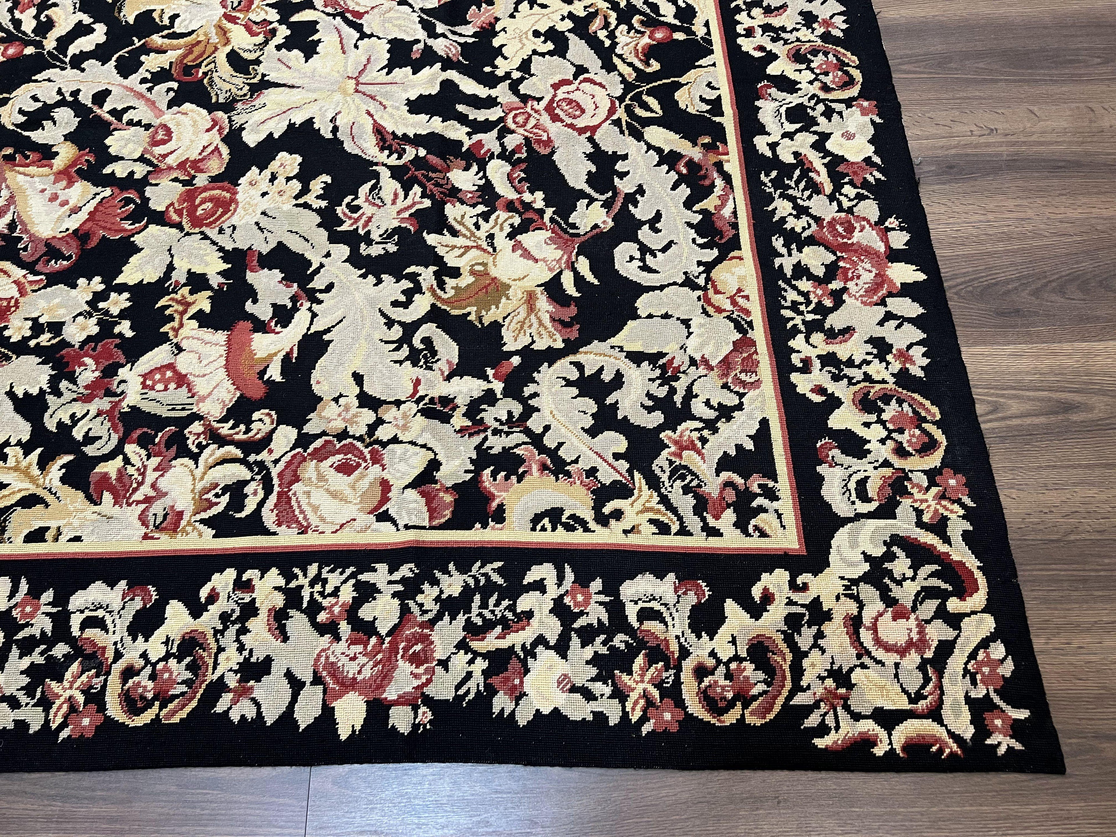 Wool Needlepoint Rug 9x12, William Morris Vintage Chinese Needlepoint Carpet 9 x 12, Handwoven, Allover Floral Area Rug, Black Light Green