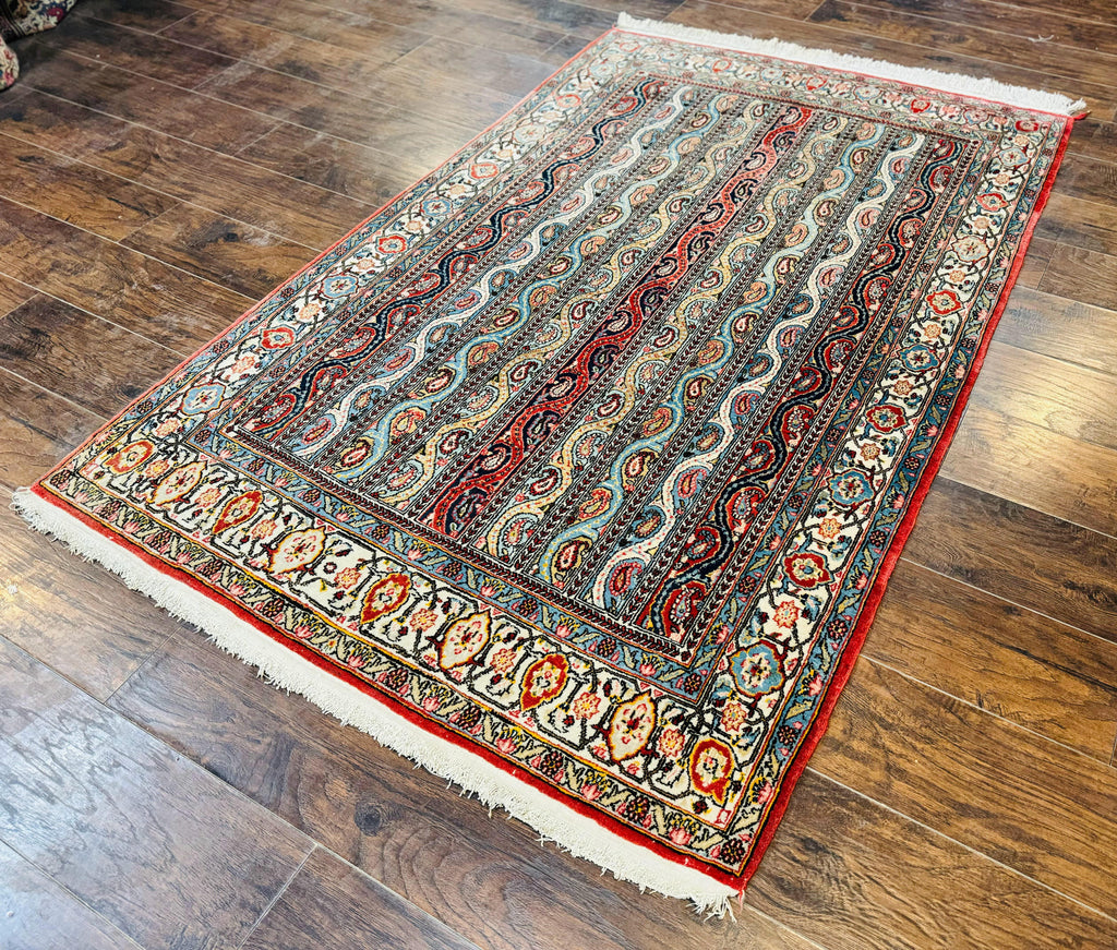 Persian Qum Rug 4x7, Striped Paisley Boteh Design