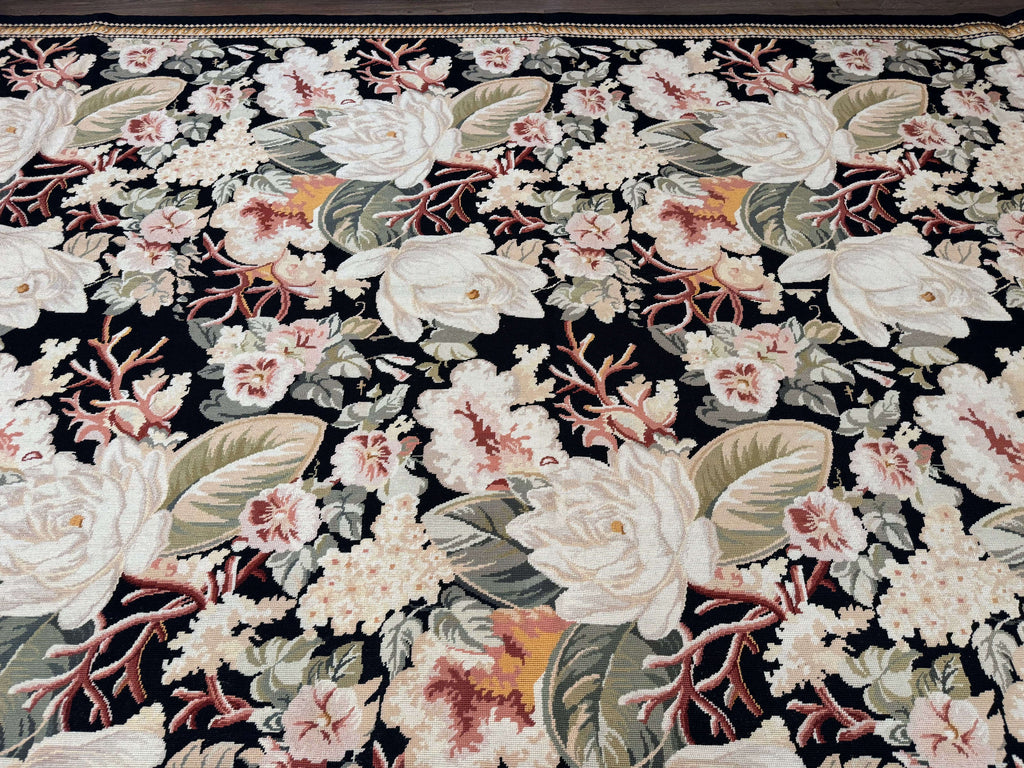 Palace Size Needlepoint Rug 13x17, Extra Large Wool Floral Handmade Carpet, European Design, Botanical