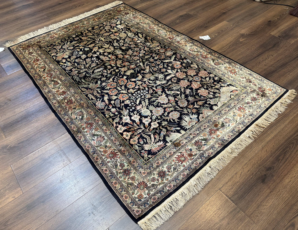 Silk Rug 4x6, Black and Cream, Floral & Bird Pictorials, Fine 330 KPSI, Sino Persian Rug