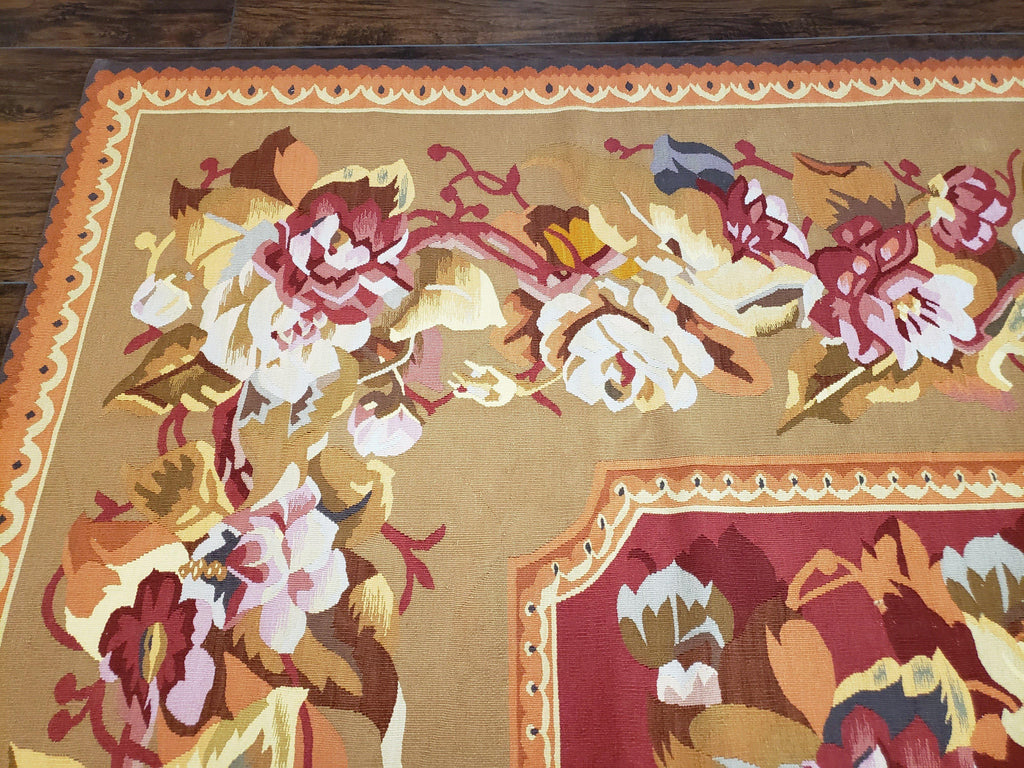 Vintage Chinese Aubusson Savonnerie Flat Pile Rug 9.9 x 14.5 Wool Handwoven Red & Khaki Large Flowers Rug 9x14 - 10x15 Michaelian Kolhberg