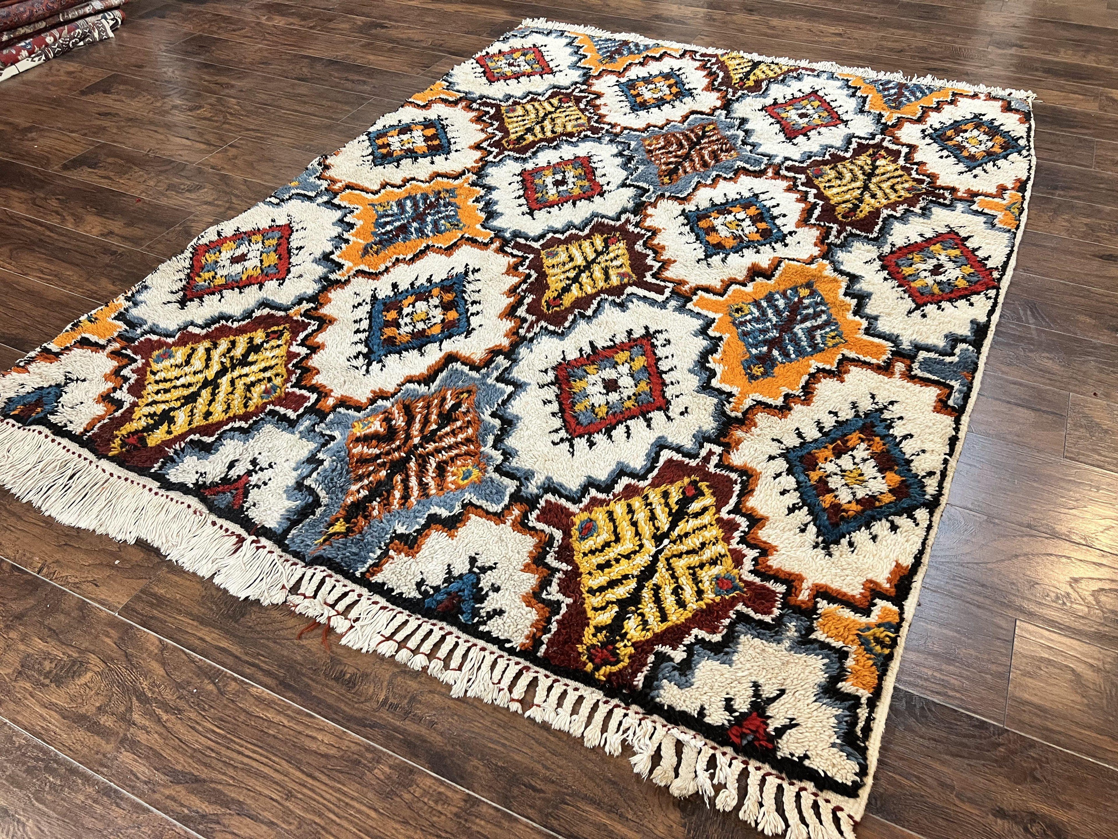 Moroccan Rug 5.9 x 7.6, Colorful Geometric Panel, Soft Wool, Handmade, Multicolor, Vintage Moroccan Carpet, Berber Rug, Rabat Rug