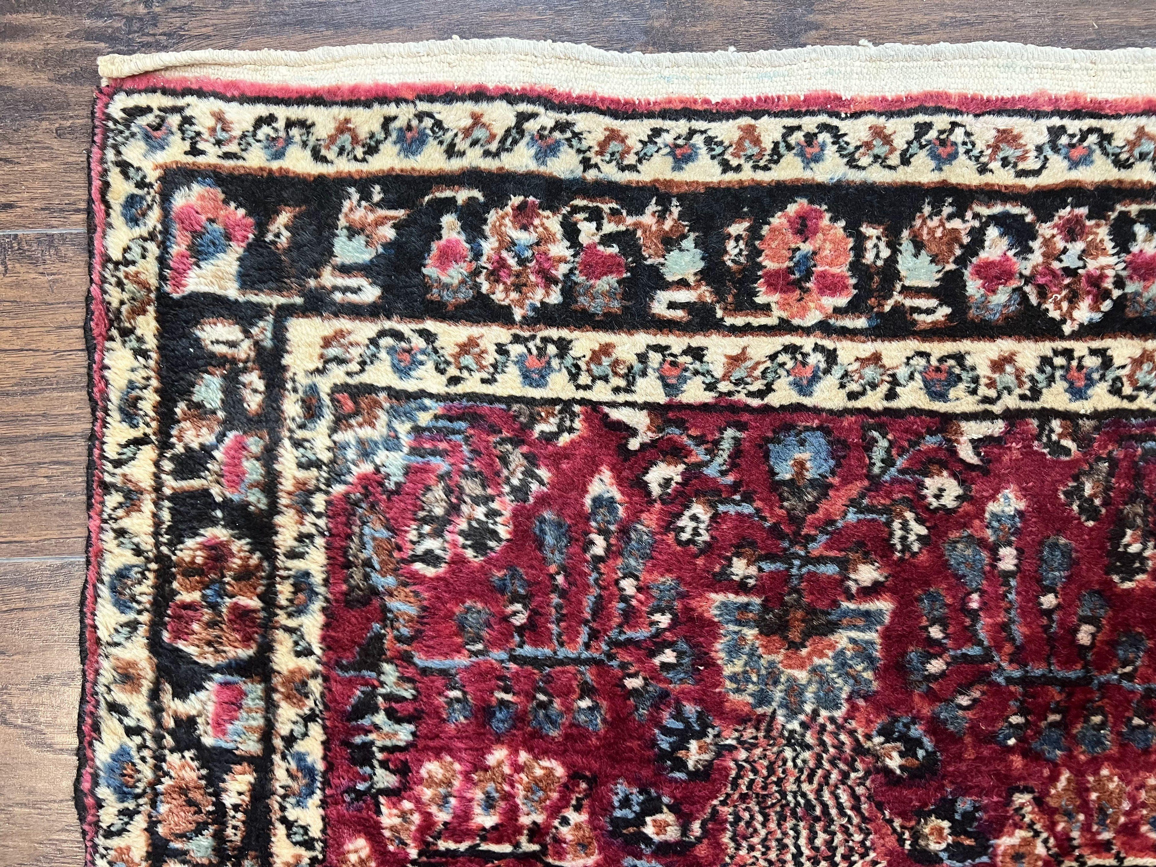 Antique Persian Runner Rug 2.9 x 17, Rare Sarouk Runner, Handmade Wool Rug for Hallway, Red, Floral