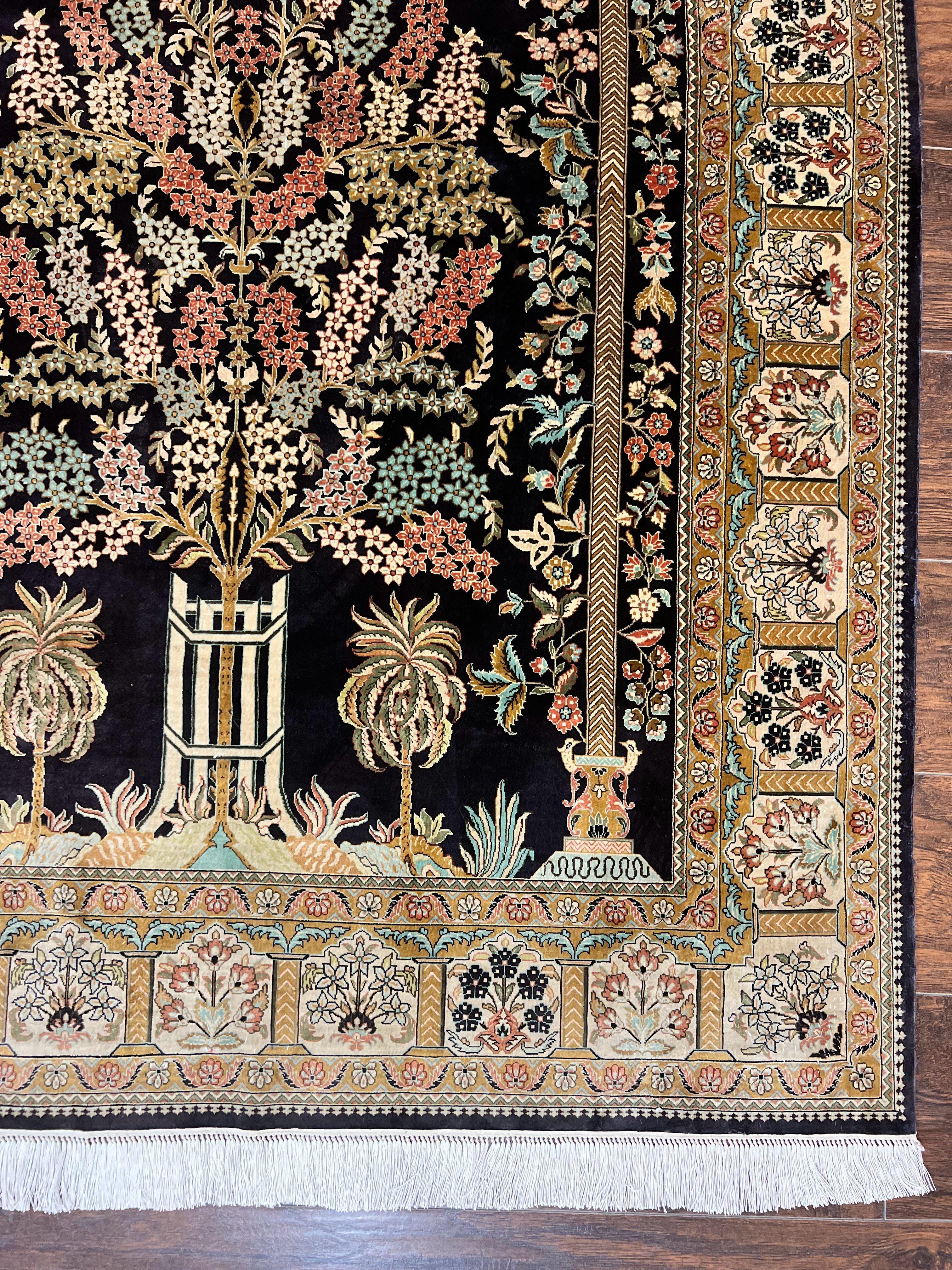 Wonderful Sino Persian Silk Rug 4x6, Tree of LIfe Design, Masterpiece 575 KPSI, Birds, Prayer Rug, Black, Silk on Silk