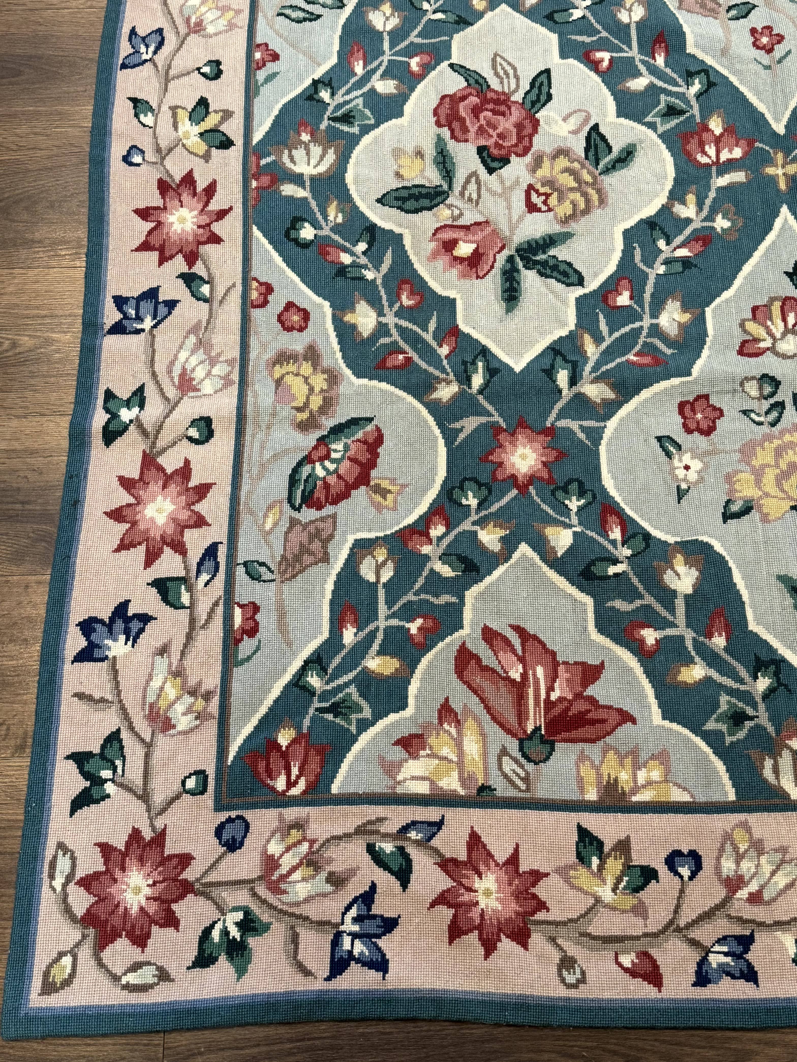 Teal Needlepoint Rug 6x9, Panel Design, Floral Bouquets, Handmade