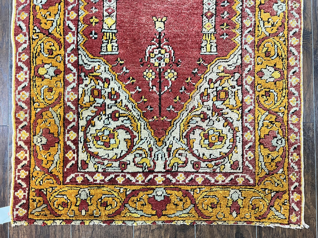 Antique Turkish Prayer Rug 3x5, Hand Knotted Turkish Melas Oushak Wool Carpet, Mehrab Rug, Orange & Red Vintage Rug 3 x 5 Collectible