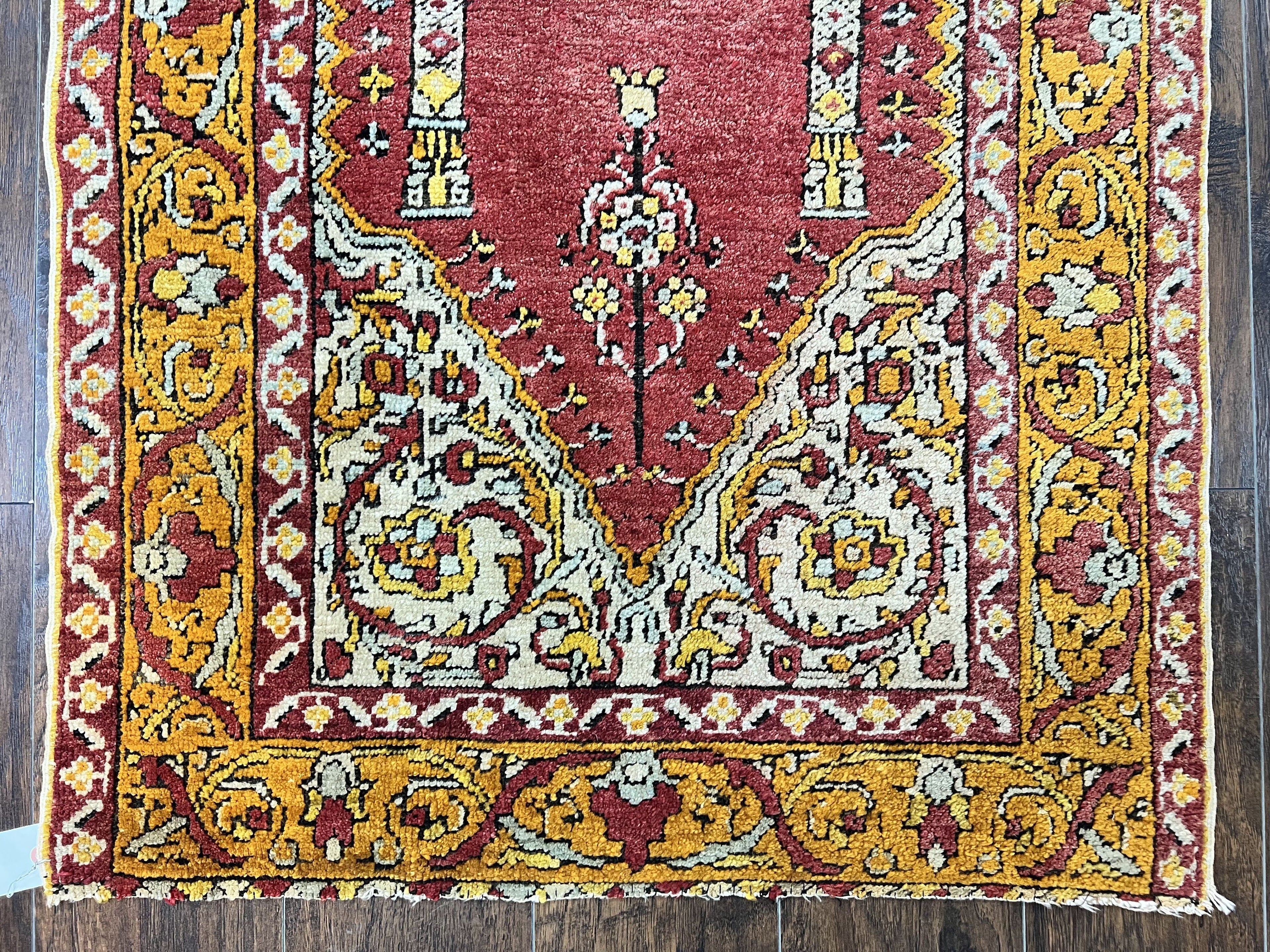 Antique Turkish Prayer Rug 3x5, Hand Knotted Turkish Melas Oushak Wool Carpet, Mehrab Rug, Orange & Red Vintage Rug 3 x 5 Collectible