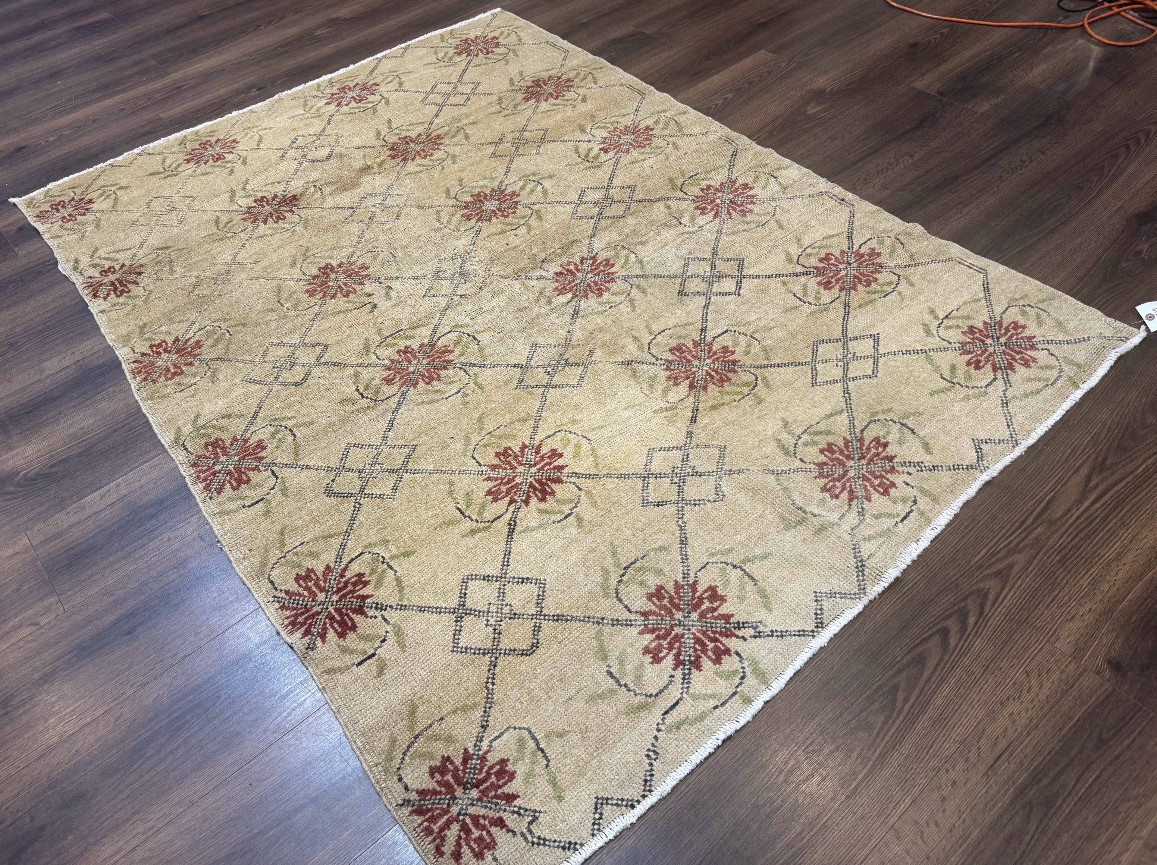 Turkish Rug 5x6, Oushak Carpet, Beige