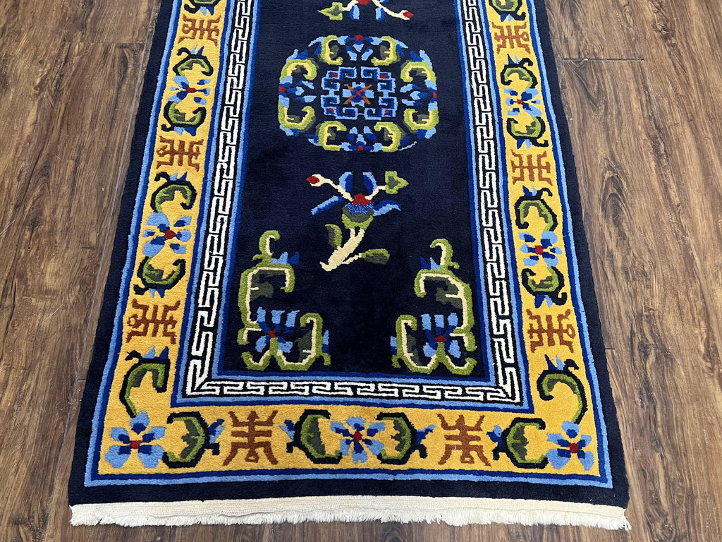 Chinese Art Deco Rug 3 x 5.9, Handmade Chinese Peking Carpet, Dark Blue and Gold, Medallion, Asian Oriental 3x6 Hand Knotted Vintage Rug