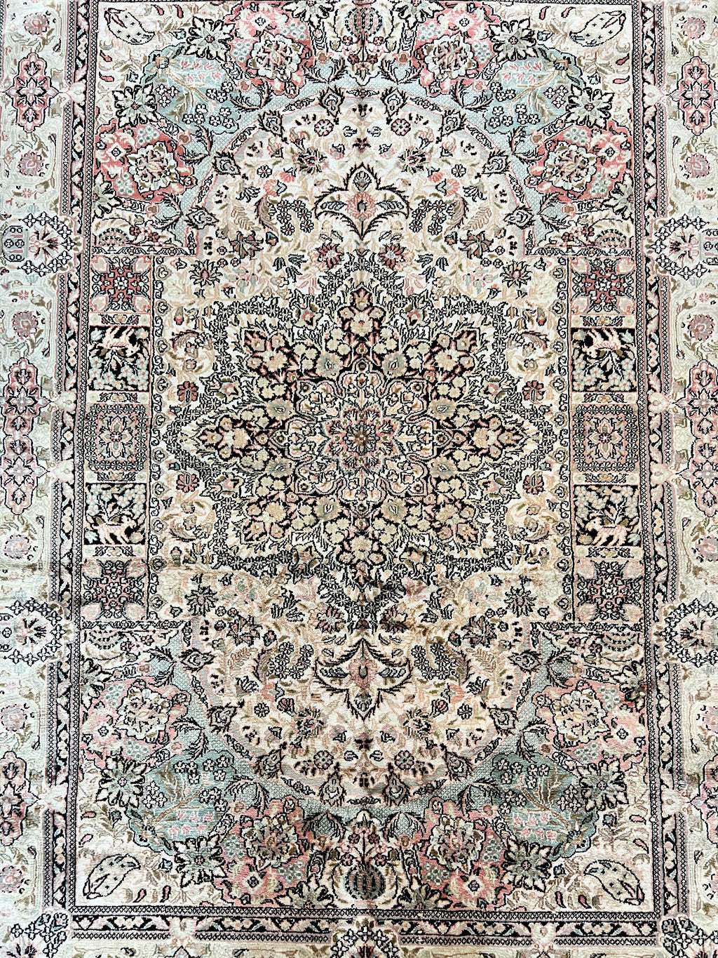 Silk Indian Kashmiri Rug 4x6, Handmade, Ivory, Fine 240 KPSI