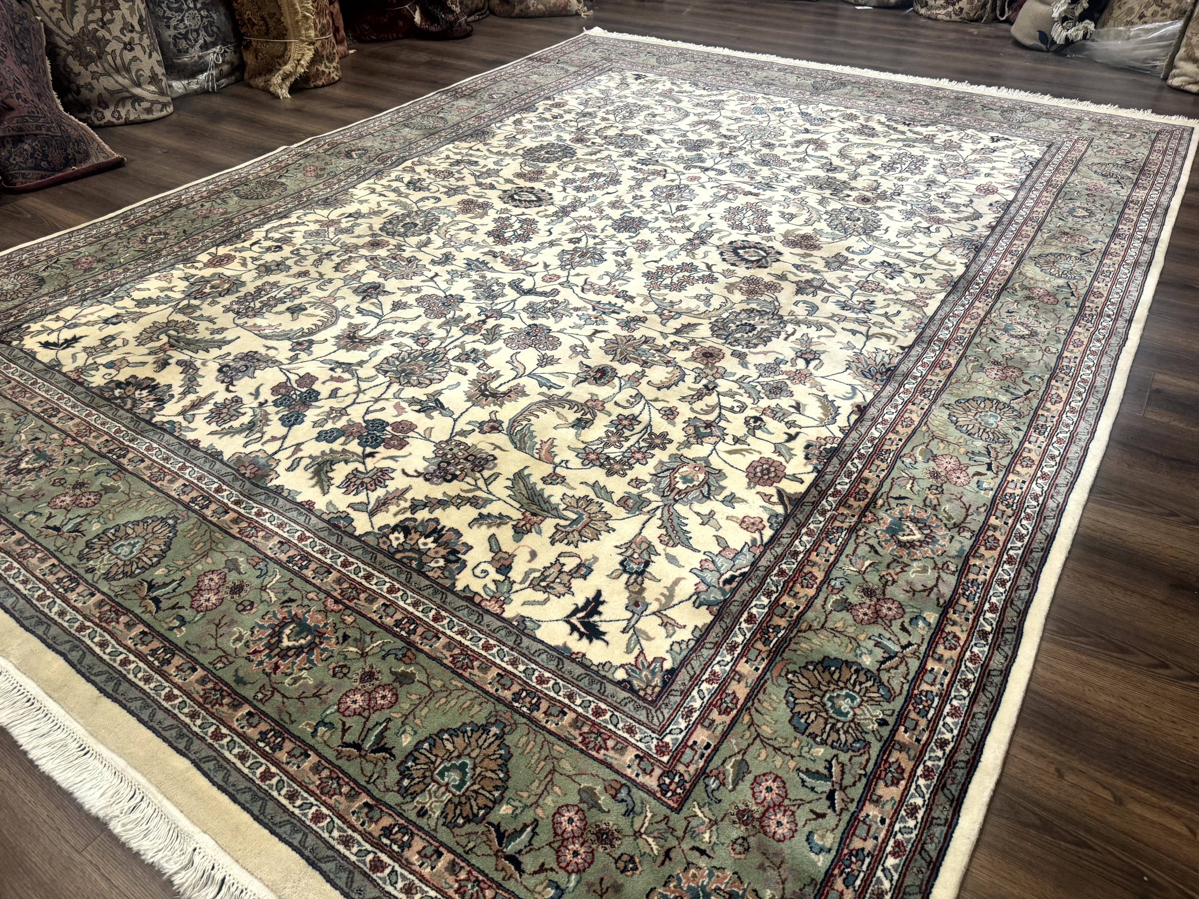 Indo Persian Rug 9x12, Allover Floral Pattern, Ivory & Green, Traditional Oriental Carpet