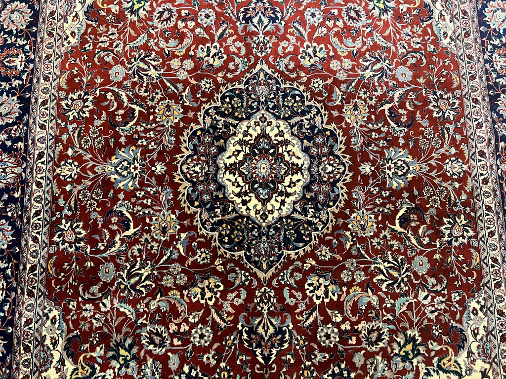 Fine Sino Persian Rug 7x10 ft, Floral Central Medallion Oriental Carpet, Red Navy Blue Cream, Hand Knotted Wool Traditional Vintage Rug
