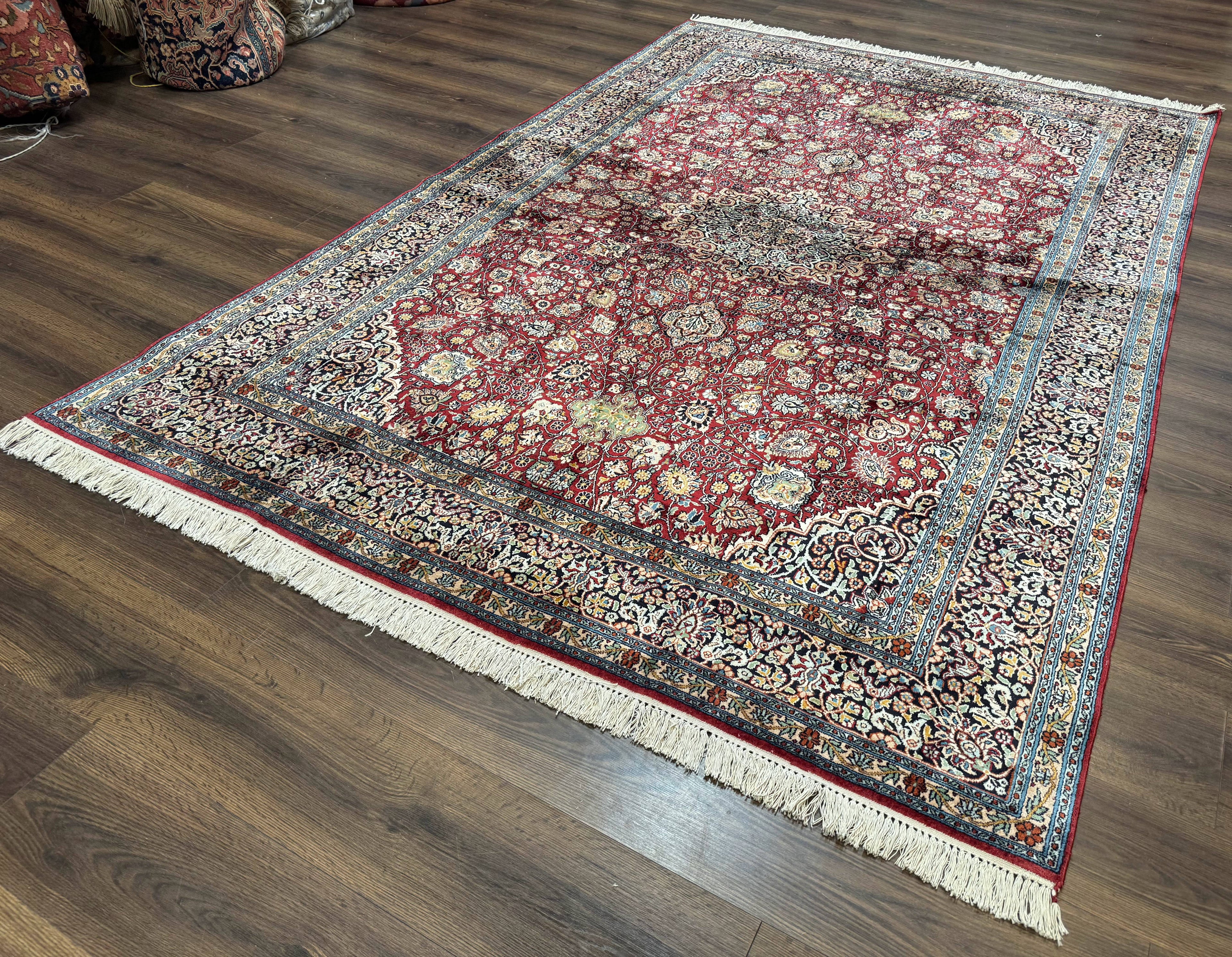 Indian Kashmiri Silk Rug 6x9, Red and Navy Blue, Floral Medallion, Fine 275 KPSI